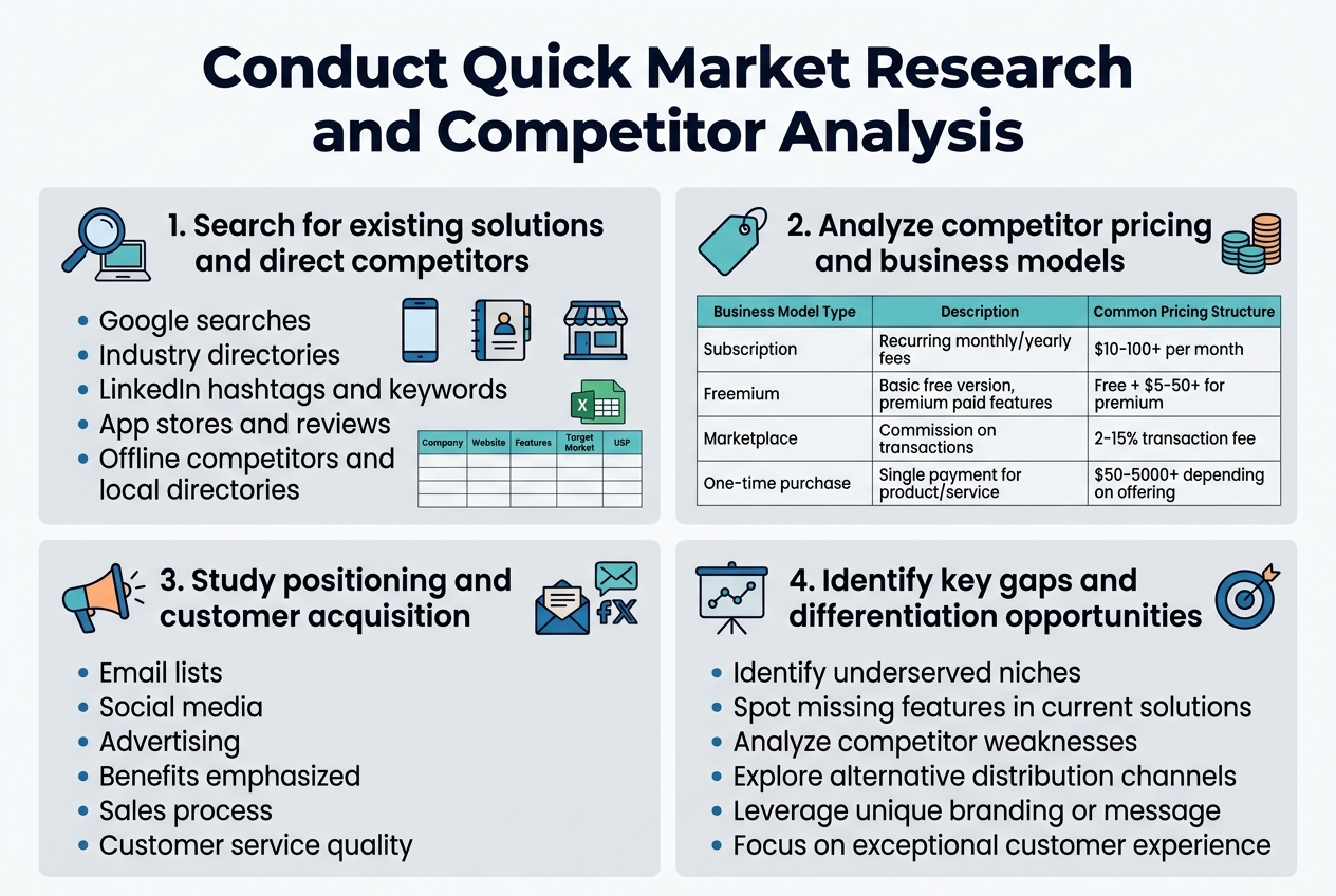 Create a clean professional landscape infographic in 3:2 aspect ratio, full-bleed layout, no frame, no inset margins, using a modern sans-serif font, dark navy text, teal and blue accents, light gray background panels, subtle orange highlights, and crisp flat vector icons.

Top center: bold large heading in dark navy text: "Conduct Quick Market Research and Competitor Analysis"

Below the heading, use a wide horizontal 4-section layout with clear numbered blocks and icons:

1) Left top wide block with a magnifying glass icon and small laptop, smartphone, directory, and storefront icons. Title text: "1. Search for existing solutions and direct competitors"
Include short bullet-style lines:
"Google searches"
"Industry directories"
"LinkedIn hashtags and keywords"
"App stores and reviews"
"Offline competitors and local directories"
Add a small spreadsheet icon and a mini table graphic with column labels: "Company", "Website", "Features", "Target Market", "USP"

2) Right top wide block with a price tag icon and stacked coins icon. Title text: "2. Analyze competitor pricing and business models"
Include a clean 4-row comparison table with columns: "Business Model Type", "Description", "Common Pricing Structure"
Rows:
"Subscription | Recurring monthly/yearly fees | $10-100+ per month"
"Freemium | Basic free version, premium paid features | Free + $5-50+ for premium"
"Marketplace | Commission on transactions | 2-15% transaction fee"
"One-time purchase | Single payment for product/service | $50-5000+ depending on offering"

Bottom left block with a megaphone icon, email envelope icon, and social media icons. Title text: "3. Study positioning and customer acquisition"
Include short bullet-style lines:
"Email lists"
"Social media"
"Advertising"
"Benefits emphasized"
"Sales process"
"Customer service quality"

Bottom right block with a chart icon, target icon, and gap icon. Title text: "