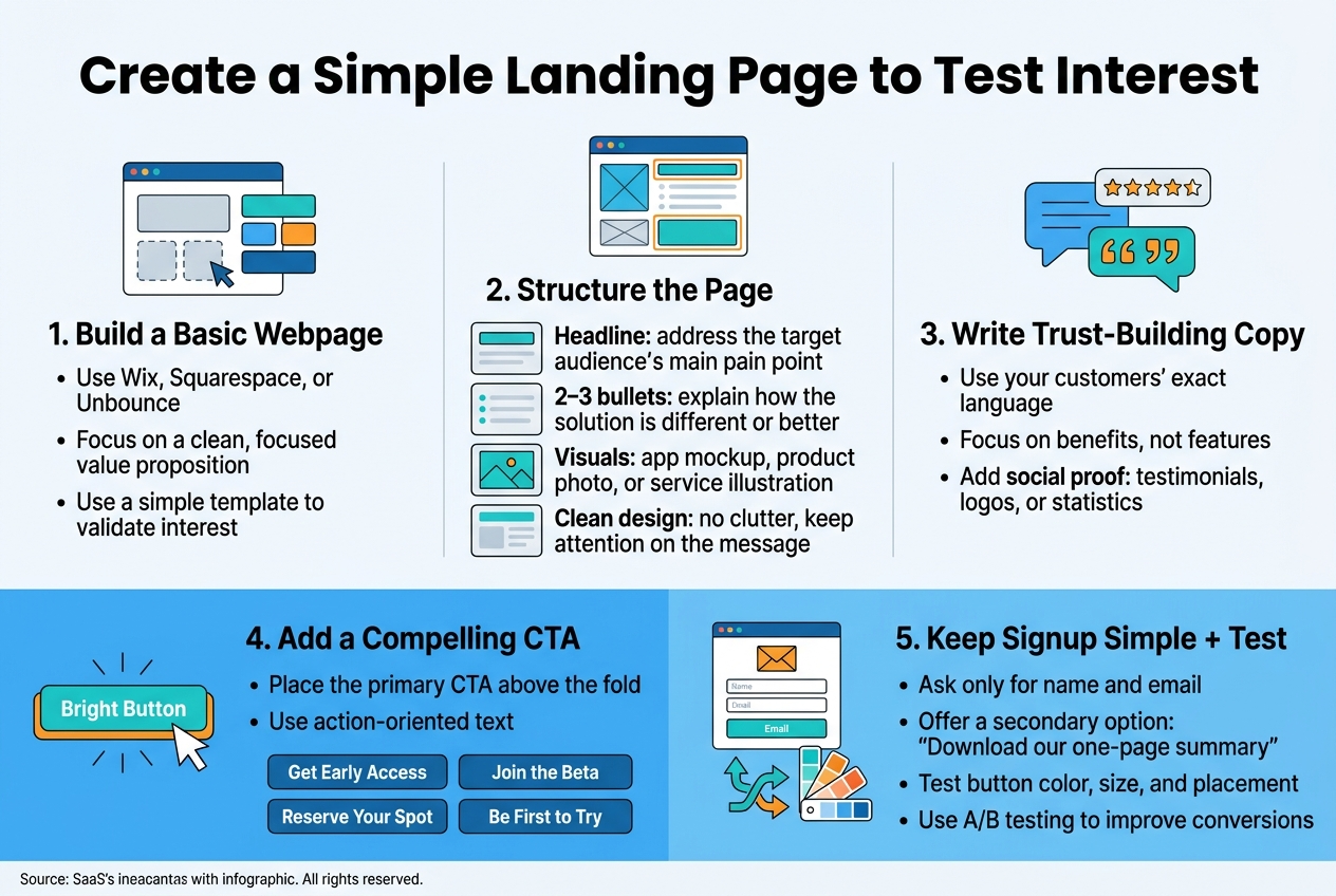 3:2 wide full-bleed infographic, clean modern SaaS style, white background with blue, teal, and orange accents, bold sans-serif typography, clear hierarchy, flat vector icons, no borders, no inset frame.

Top center large bold title: "Create a Simple Landing Page to Test Interest"

Across the middle in a wide 3-column layout with numbered sections and icons:

Left section header: "1. Build a Basic Webpage"
Icon: simple browser window and drag-and-drop blocks.
Include short bullets:
"Use Wix, Squarespace, or Unbounce"
"Focus on a clean, focused value proposition"
"Use a simple template to validate interest"

Center section header: "2. Structure the Page"
Icon: webpage wireframe with highlighted sections.
Include stacked mini blocks:
"Headline: address the target audience’s main pain point"
"2–3 bullets: explain how the solution is different or better"
"Visuals: app mockup, product photo, or service illustration"
"Clean design: no clutter, keep attention on the message"

Right section header: "3. Write Trust-Building Copy"
Icon: speech bubble, star rating, and quote mark.
Include short bullets:
"Use your customers’ exact language"
"Focus on benefits, not features"
"Add social proof: testimonials, logos, or statistics"

Bottom wide band split into two large blocks:

Bottom left block header: "4. Add a Compelling CTA"
Icon: bright button with cursor pointer.
Include bullets and button labels:
"Place the primary CTA above the fold"
"Use action-oriented text"
Buttons shown as examples:
"Get Early Access"
"Join the Beta"
"Reserve Your Spot"
"Be First to Try"

Bottom right block header: "5. Keep Signup Simple + Test"
Icon: email form, A/B test split arrows, and color swatches.
Include bullets:
"Ask only for name and email"
"Offer a secondary option: 'Download our one-page summary'"
"Test button color, size, and placement"
"Use A/B testing to improve conversions"

Add a small footer