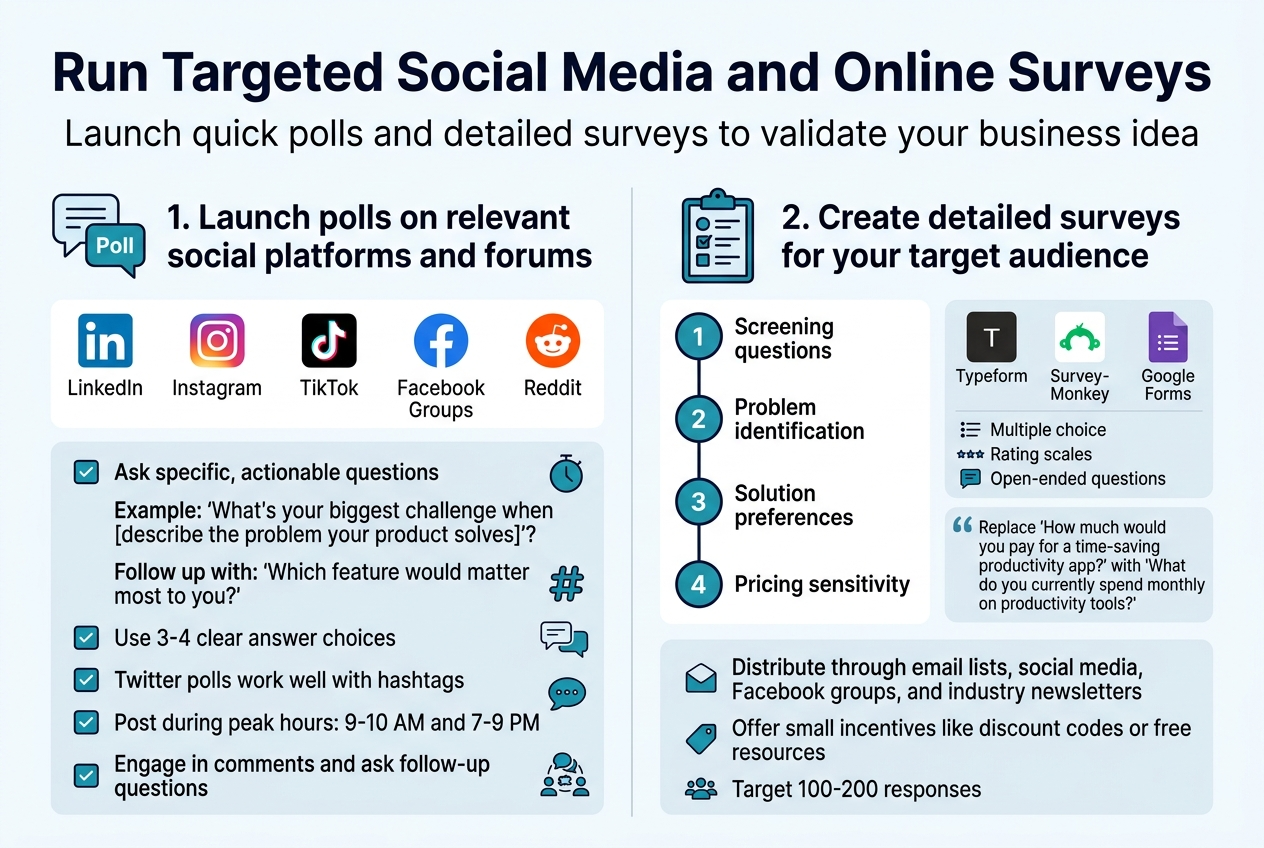 Create a clean professional full-bleed infographic in a 3:2 aspect ratio with a modern flat vector style, white background, blue and teal accent colors, dark navy text, and orange highlights. Use a wide horizontal layout with two main columns and clear section blocks, not a narrow centered stack.

Top header across full width:
Large bold title text: "Run Targeted Social Media and Online Surveys"
Subheading in smaller text: "Launch quick polls and detailed surveys to validate your business idea"

Left column section 1 with a speech-bubble and poll icon:
Heading: "1. Launch polls on relevant social platforms and forums"
Add 5 small platform icons with labels in a neat horizontal row:
"LinkedIn" "Instagram" "TikTok" "Facebook Groups" "Reddit"
Below, a checklist-style block with short lines and icons:
• "Ask specific, actionable questions"
• "Example: 'What's your biggest challenge when [describe the problem your product solves]'?"
• "Follow up with: 'Which feature would matter most to you?'"
• "Use 3-4 clear answer choices"
• "Twitter polls work well with hashtags"
• "Post during peak hours: 9-10 AM and 7-9 PM"
• "Engage in comments and ask follow-up questions"
Include small icons for clock, hashtag, chat bubbles, and forum/community symbols.

Right column section 2 with a clipboard and survey form icon:
Heading: "2. Create detailed surveys for your target audience"
Add a vertical flow with 4 connected steps using numbered circles:
"Screening questions"
"Problem identification"
"Solution preferences"
"Pricing sensitivity"
Below, a compact tool row with app-style icons and labels:
"Typeform" "SurveyMonkey" "Google Forms"
Add a small question-type legend with icons:
"Multiple choice" "Rating scales" "Open-ended questions"
Add a quote-style callout box with the exact text:
"Replace 'How much would you pay for a time-saving productivity app?' with 'What do you currently spend monthly on productivity tools?'"
Add another short block with icons:
"Distribute through email lists, social media, Facebook groups, and industry newsletters"
"Offer small incentives like discount codes or free resources"
"Target 100-200 responses"