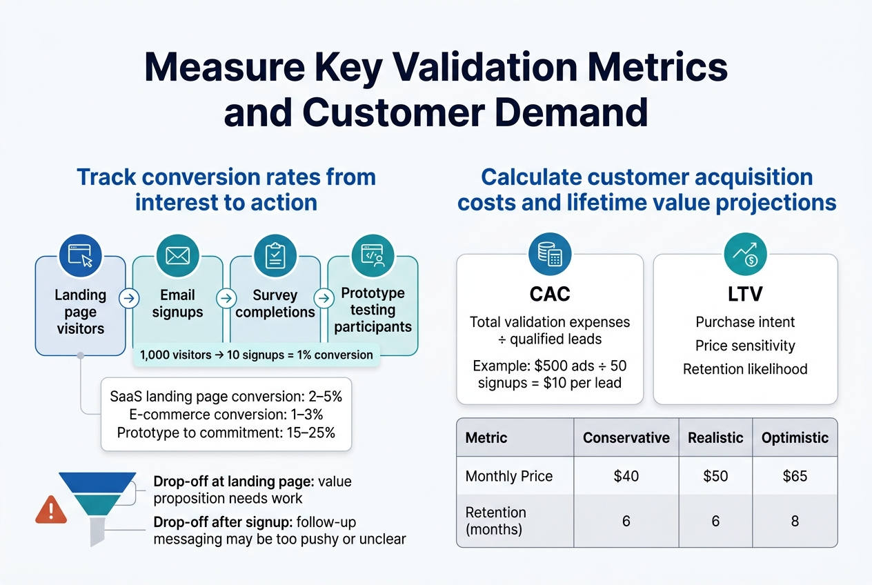 Create a clean professional infographic in a full-bleed 3:2 landscape layout with a modern SaaS business style, white background, blue and teal accents, dark navy headings, subtle gray dividers, and clear sans-serif typography.

Top center: large bold title text in dark navy, “Measure Key Validation Metrics and Customer Demand”.

Below the title, arrange the content in two wide horizontal main sections side by side, with strong visual hierarchy and icons.

LEFT SECTION:
Heading in bold blue: “Track conversion rates from interest to action”
Use a horizontal funnel graphic with four stages, each in its own rounded box with an icon above it:
1. “Landing page visitors” with a cursor or webpage icon
2. “Email signups” with an envelope icon
3. “Survey completions” with a clipboard/check icon
4. “Prototype testing participants” with a prototype or user-testing icon
Add small conversion arrows between stages.
Include a small highlighted stat callout near the funnel: “1,000 visitors → 10 signups = 1% conversion”
Under the funnel, add a compact note box with three benchmark callouts:
“SaaS landing page conversion: 2–5%”
“E-commerce conversion: 1–3%”
“Prototype to commitment: 15–25%”
At the bottom of the left section, add a small funnel-dropoff visualization with a warning icon and two short notes:
“Drop-off at landing page: value proposition needs work”
“Drop-off after signup: follow-up messaging may be too pushy or unclear”

RIGHT SECTION:
Heading in bold blue: “Calculate customer acquisition costs and lifetime value projections”
Show two side-by-side metric cards:
Left card titled “CAC” with a coin or calculator icon and the text:
“Total validation expenses ÷ qualified leads”
“Example: $500 ads ÷ 50 signups = $10 per lead”
Right card titled “LTV” with a line chart or dollar growth icon and the text:
“Purchase intent”
“Price sensitivity”
“Retention likelihood”
Below these cards, place a 3-column table with clear borders and alternating light gray rows. Table heading row text:
“Metric | Conservative | Realistic | Optimistic”
Rows:
“Monthly Price | $40 | $50 | $65”
“Retention (months) | 6 | 8