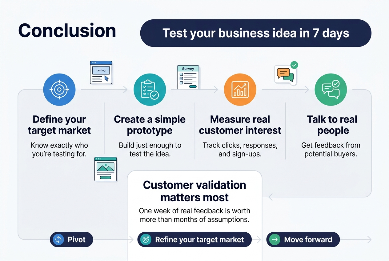 Create a clean professional infographic illustration in a full-bleed 3:2 landscape layout with a modern flat vector style, white background, dark navy text, teal and blue accents, and orange highlight elements. Use a bold sans-serif heading at the top left that reads "Conclusion".

Across the upper center, place a wide subtitle banner with the text "Test your business idea in 7 days" in white on a dark navy rounded rectangle.

Arrange the content in four wide horizontal sections or connected blocks across the middle and lower area, using numbered circles, simple icons, and short text blocks:

1. On the left, a blue circular icon with a target symbol and the text "Define your target market" and smaller text "Know exactly who you're testing for."
2. Next, a teal circular icon with a checklist or survey icon and the text "Create a simple prototype" and smaller text "Build just enough to test the idea."
3. Next, an orange circular icon with a chart or analytics icon and the text "Measure real customer interest" and smaller text "Track clicks, responses, and sign-ups."
4. On the right, a green circular icon with a conversation bubble and checkmark and the text "Talk to real people" and smaller text "Get feedback from potential buyers."

Add a prominent center-bottom callout box with a bold navy headline reading "Customer validation matters most" and smaller text beneath it: "One week of real feedback is worth more than months of assumptions."

Along the bottom edge, place three action arrows or decision chips with icons:
"Pivot"
"Refine your target market"
"Move forward"

Use subtle connecting arrows or a left-to-right flow line linking the four steps. Include small accent icons of a landing page, survey form, and prototype mockup near the relevant sections. Keep the composition balanced, spacious, and easy to scan, with strong visual hierarchy and no extra text.