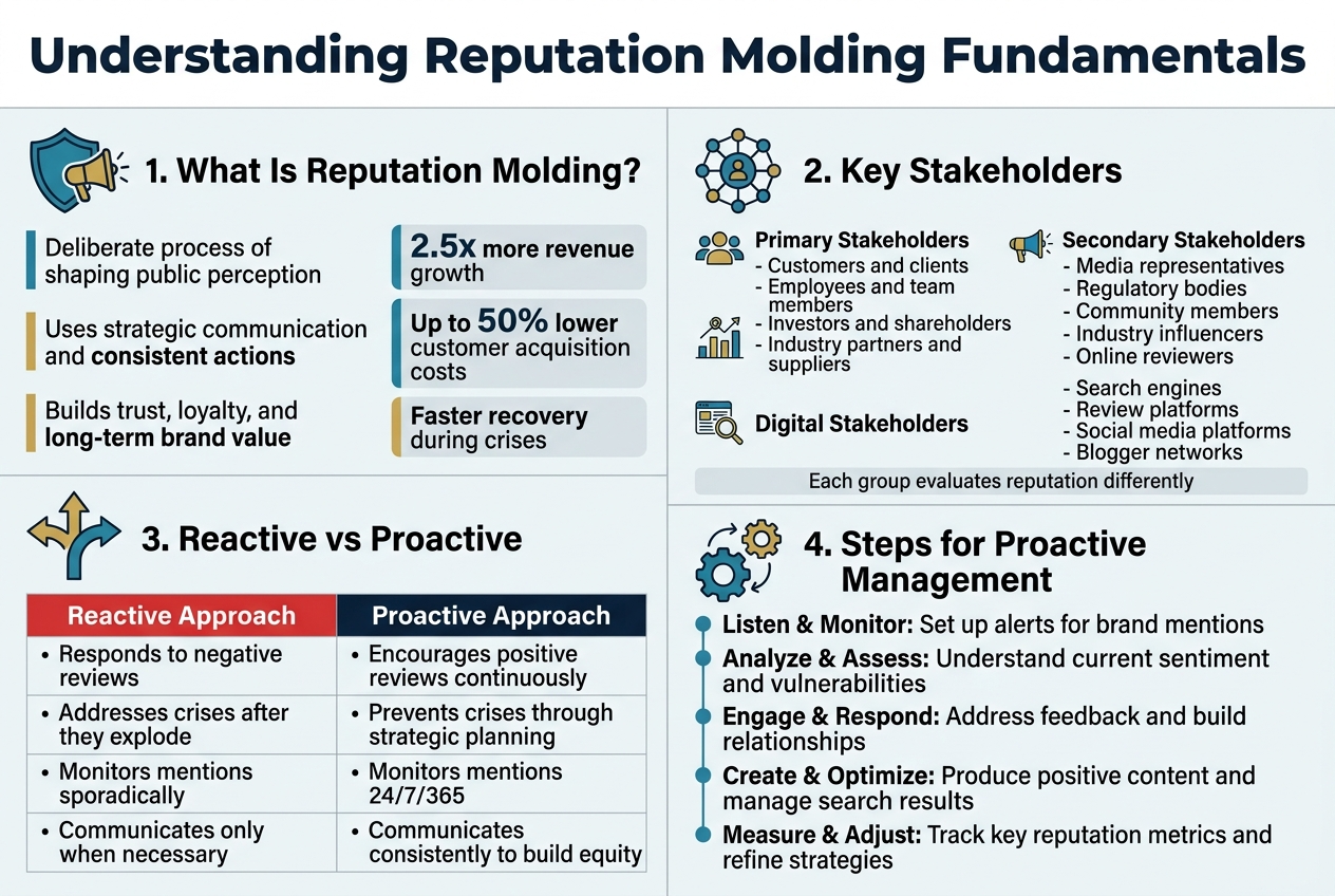 Create a clean professional full-bleed infographic illustration in a 3:2 aspect ratio, wide horizontal layout, no inset margins, no vertical poster frame, using a modern sans-serif font, dark navy text, teal blue and gold accent colors, white background with light gray section dividers, crisp flat vector icons, bold hierarchy, and organized multi-column sections.

Top header bar across the full width with large bold title text: "Understanding Reputation Molding Fundamentals"

Below the title, arrange four wide horizontal content sections in a 2x2 grid or two-column layout with clear icons and numbered labels.

Section 1 at upper left with a shield-and-megaphone icon and heading: "1. What Is Reputation Molding?"
Include short text blocks:
"Deliberate process of shaping public perception"
"Uses strategic communication and consistent actions"
"Builds trust, loyalty, and long-term brand value"
Highlight statistic badges:
"2.5x more revenue growth"
"Up to 50% lower customer acquisition costs"
"Faster recovery during crises"

Section 2 at upper right with a connected-network icon and heading: "2. Key Stakeholders"
Use three stacked subgroups with small icons beside each line:
"Primary Stakeholders"
"- Customers and clients"
"- Employees and team members"
"- Investors and shareholders"
"- Industry partners and suppliers"
"Secondary Stakeholders"
"- Media representatives"
"- Regulatory bodies"
"- Community members"
"- Industry influencers"
"- Online reviewers"
"Digital Stakeholders"
"- Search engines"
"- Review platforms"
"- Social media platforms"
"- Blogger networks"
Add a small note line at bottom of this section:
"Each group evaluates reputation differently"

Section 3 at lower left with a split-path icon and heading: "3. Reactive vs Proactive"
Use a side-by-side comparison table with two columns.
Left column header in red: "Reactive Approach"
Bullets:
"Responds to negative reviews"
"Addresses crises after they explode"
"Monitors mentions sporadically"
"Communicates only when necessary"
"