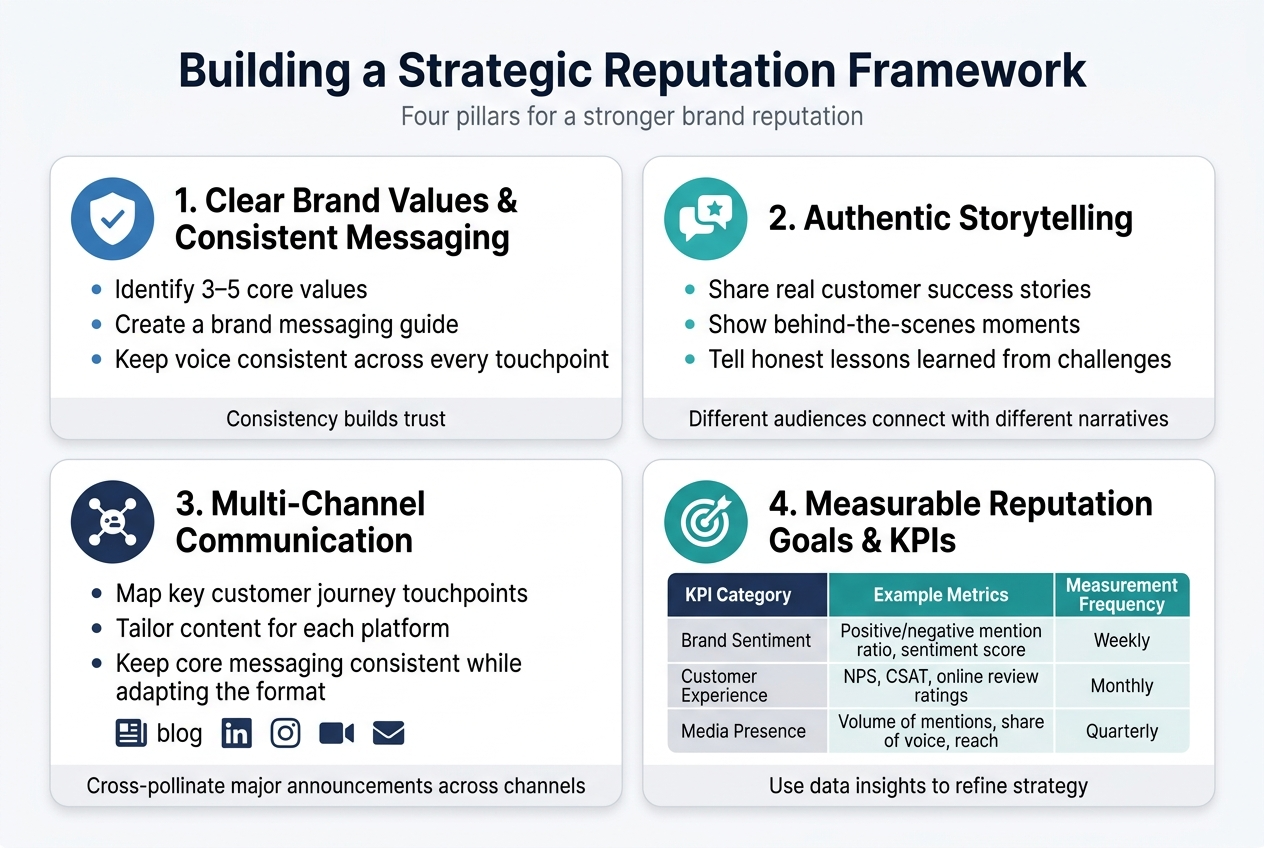 Create a full-bleed professional infographic illustration in a 3:2 aspect ratio with a clean white background, navy blue and teal color palette, subtle gray accents, and modern sans-serif typography. Place a bold title across the top center: "Building a Strategic Reputation Framework". Add a small subtitle beneath it in lighter text: "Four pillars for a stronger brand reputation".

Below the title, organize the content into four large horizontal sections in a 2x2 grid with rounded rectangular cards, clear spacing, and strong visual hierarchy. Use simple flat icons in each card.

Top left card:
A blue circular icon with a shield and checkmark.
Heading: "1. Clear Brand Values & Consistent Messaging"
Include three short bullet points:
"Identify 3–5 core values"
"Create a brand messaging guide"
"Keep voice consistent across every touchpoint"
Add a small strip at the bottom with the phrase: "Consistency builds trust"

Top right card:
A teal circular icon with a speech bubble and star.
Heading: "2. Authentic Storytelling"
Include three short bullet points:
"Share real customer success stories"
"Show behind-the-scenes moments"
"Tell honest lessons learned from challenges"
Add a small note line: "Different audiences connect with different narratives"

Bottom left card:
A navy circular icon with connected channels or network nodes.
Heading: "3. Multi-Channel Communication"
Include three short bullet points:
"Map key customer journey touchpoints"
"Tailor content for each platform"
"Keep core messaging consistent while adapting the format"
Add a row of small platform-style symbols: blog, LinkedIn, Instagram, video, email
Add a small line: "Cross-pollinate major announcements across channels"

Bottom right card:
A teal circular icon with a target and upward arrow.
Heading: "4. Measurable Reputation Goals & KPIs"
Include a compact table-style block with three columns labeled:
"KPI Category"
"Example Metrics"
"Measurement Frequency"
Fill the rows with:
"Brand Sentiment | Positive/negative mention ratio, sentiment score | Weekly"
"Customer Experience | NPS,