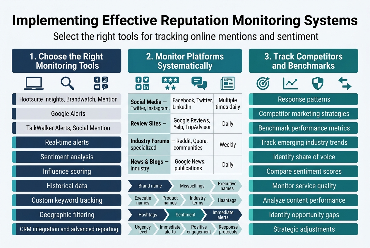 Create a clean, professional full-bleed infographic illustration in a 3:2 aspect ratio, using a modern corporate style with navy blue, teal, white, and light gray accents, bold sans-serif fonts, clear hierarchy, and subtle data-dashboard visuals. Place a large bold title across the top: "Implementing Effective Reputation Monitoring Systems". Add a smaller subtitle beneath it: "Select the right tools for tracking online mentions and sentiment".

Use a wide three-column layout with three main sections, each with a colored header bar and simple flat icons.

LEFT COLUMN:
Header: "1. Choose the Right Monitoring Tools"
Include a laptop, magnifying glass, and social media icons.
Use short bullet blocks with these exact labels:
- "Hootsuite Insights, Brandwatch, Mention"
- "Google Alerts"
- "TalkWalker Alerts, Social Mention"
- "Real-time alerts"
- "Sentiment analysis"
- "Influence scoring"
- "Historical data"
- "Custom keyword tracking"
- "Geographic filtering"
- "CRM integration and advanced reporting"

CENTER COLUMN:
Header: "2. Monitor Platforms Systematically"
Include icons for social media, review stars, forum chat bubbles, and news pages.
Add a small 4-row mini table with these exact labels:
"Social Media — Facebook, Twitter, Instagram, LinkedIn — Multiple times daily"
"Review Sites — Google Reviews, Yelp, TripAdvisor — Daily"
"Industry Forums — Reddit, Quora, specialized communities — Weekly"
"News & Blogs — Google News, industry publications — Daily"
Below the table, add a workflow strip with arrow icons and these exact labels:
"Brand name"
"Misspellings"
"Executive names"
"Product names"
"Industry terms"
"Hashtags"
"Sentiment"
"Urgency level"
"Immediate alerts"
"Positive engagement"
"Response protocols"

RIGHT COLUMN:
Header: "3. Track Competitors and Benchmarks"
Include icons for a target, line chart, shield, and comparison arrows.
Use stacked bullet blocks with these exact labels:
- "Response patterns"
