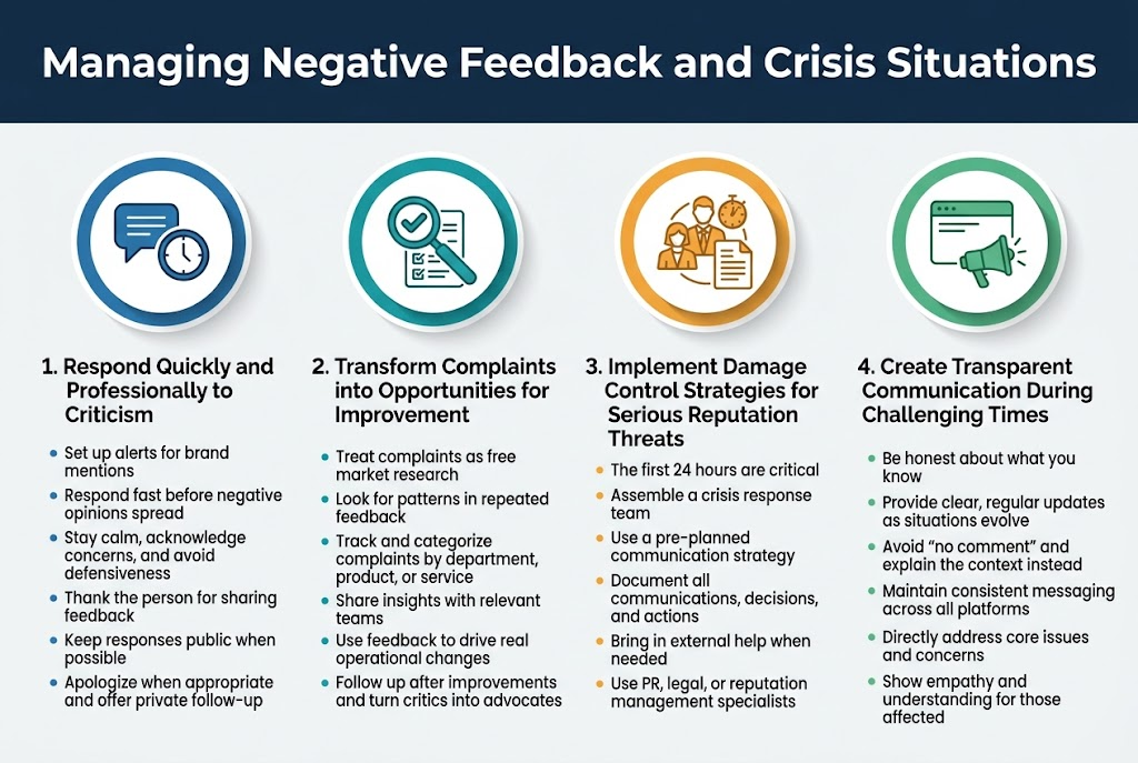 Create a full-bleed professional infographic in 3:2 aspect ratio with a clean modern corporate style, white background with deep navy, teal, and warm orange accents, bold sans-serif typography, subtle shadows, and strong visual hierarchy. Place a large bold title across the top: "Managing Negative Feedback and Crisis Situations". Use a wide horizontal layout with four evenly spaced content blocks across the page, each with a numbered circle, icon, heading, and short bullet points. No poster frame, no inset margins.

Top header area: dark navy title bar spanning full width with white title text.

Section 1 on the upper left with a blue circular icon of a speech bubble and clock, heading: "1. Respond Quickly and Professionally to Criticism"
Bullets:
"Set up alerts for brand mentions"
"Respond fast before negative opinions spread"
"Stay calm, acknowledge concerns, and avoid defensiveness"
"Thank the person for sharing feedback"
"Keep responses public when possible"
"Apologize when appropriate and offer private follow-up"

Section 2 on the upper right with a teal circular icon of a magnifying glass and checklist, heading: "2. Transform Complaints into Opportunities for Improvement"
Bullets:
"Treat complaints as free market research"
"Look for patterns in repeated feedback"
"Track and categorize complaints by department, product, or service"
"Share insights with relevant teams"
"Use feedback to drive real operational changes"
"Follow up after improvements and turn critics into advocates"

Section 3 on the lower left with an orange circular icon of a crisis team, stopwatch, and document, heading: "3. Implement Damage Control Strategies for Serious Reputation Threats"
Bullets:
"The first 24 hours are critical"
"Assemble a crisis response team"
"Use a pre-planned communication strategy"
"Document all communications, decisions, and actions"
"Bring in external help when needed"
"Use PR, legal, or reputation management specialists"

Section 4 on the lower right with a green circular icon of an open message window and megaphone, heading: "4. Create Transparent Communication During Challenging Times"
Bullets:
"Be honest about what you know