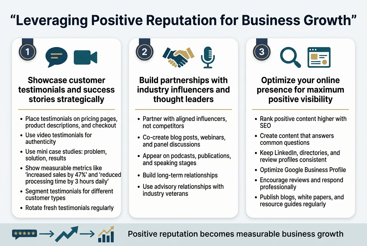 Create a full-bleed 3:2 landscape infographic with a clean modern corporate style, white background, deep navy and teal accents, gold highlight details, and crisp sans-serif typography. Place a bold top header centered across the width: “Leveraging Positive Reputation for Business Growth”. Use a strong hierarchy with a large title, three wide horizontal content sections arranged in a 3-column layout, each with a numbered badge, icon, headline, and short bullet text. Include subtle divider lines, rounded cards, and professional flat vector icons.

Left section, top-to-bottom:
1. “Showcase customer testimonials and success stories strategically” with a speech bubble icon and a video camera icon. Include short bullets: “Place testimonials on pricing pages, product descriptions, and checkout”, “Use video testimonials for authenticity”, “Use mini case studies: problem, solution, results”, “Show measurable metrics like ‘increased sales by 47%’ and ‘reduced processing time by 3 hours daily’”, “Segment testimonials for different customer types”, “Rotate fresh testimonials regularly”.

Center section, top-to-bottom:
2. “Build partnerships with industry influencers and thought leaders” with an interlocking handshake icon and a microphone icon. Include short bullets: “Partner with aligned influencers, not competitors”, “Co-create blog posts, webinars, and panel discussions”, “Appear on podcasts, publications, and speaking stages”, “Build long-term relationships”, “Use advisory relationships with industry veterans”.

Right section, top-to-bottom:
3. “Optimize your online presence for maximum positive visibility” with a magnifying glass icon and a web profile icon. Include short bullets: “Rank positive content higher with SEO”, “Create content that answers common questions”, “Keep LinkedIn, directories, and review profiles consistent”, “Optimize Google Business Profile”, “Encourage reviews and respond professionally”, “Publish blogs, white papers, and resource guides regularly”.

Add a slim bottom banner spanning the width with a reputation-to-growth flow graphic: icons of star ratings, a rising arrow, and a revenue chart connected by arrows. Include the short closing line centered in the banner: “Positive reputation becomes measurable business growth”. Use bold section headings, smaller readable body text, and clean spacing. Keep the layout wide, balanced, and uncluttered