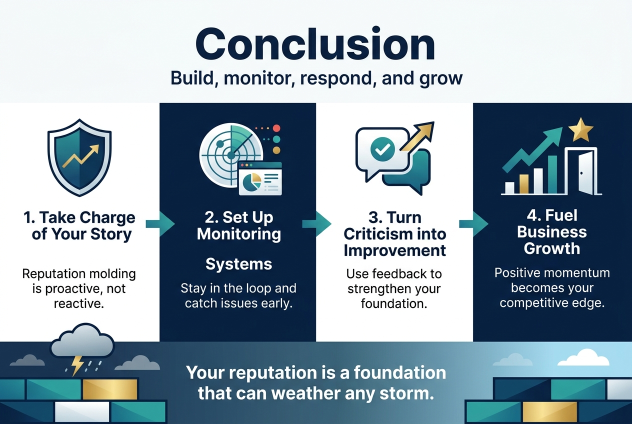 Create a clean, professional full-bleed infographic in a 3:2 aspect ratio with a modern corporate style, navy blue, teal, white, and gold accents, subtle gradients, crisp sans-serif typography, and strong visual hierarchy.

Top header across the full width:
Large bold title text: "Conclusion"
Subtitle text beneath in smaller font: "Build, monitor, respond, and grow"

Main layout: wide horizontal 4-section flow from left to right with connecting arrows, using large icons and short text blocks.

Section 1 on the left:
A shield icon with a small upward line graph.
Heading text: "1. Take Charge of Your Story"
Body text: "Reputation molding is proactive, not reactive."

Section 2 left-center:
A radar monitoring icon with notification dots and a dashboard screen.
Heading text: "2. Set Up Monitoring Systems"
Body text: "Stay in the loop and catch issues early."

Section 3 right-center:
A speech bubble icon with a checkmark and an improvement arrow.
Heading text: "3. Turn Criticism into Improvement"
Body text: "Use feedback to strengthen your foundation."

Section 4 on the right:
A growth arrow rising from a bar chart into a star and open door icon.
Heading text: "4. Fuel Business Growth"
Body text: "Positive momentum becomes your competitive edge."

Bottom band spanning the full width:
A strong foundation graphic made of interlocking blocks beneath the four sections, with a storm cloud above one side and clear sky above the other, showing stability through challenges.
Centered bold statement text:
"Your reputation is a foundation that can weather any storm."

Use clean spacing, balanced alignment, and minimal decorative elements. Place icons above each heading, text left-aligned within each section, with arrows connecting each stage. No frame, no border, no inset margins.