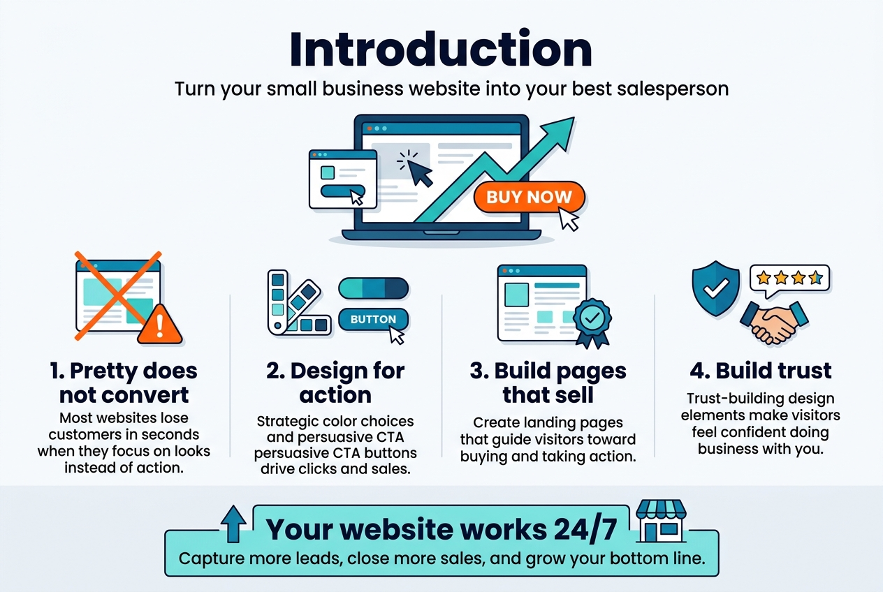 Create a clean, professional full-bleed infographic illustration in a 3:2 aspect ratio, wide horizontal layout, with no poster frame and no inset margins. Use a modern sans-serif font, bold dark navy headings, white background, teal and blue accents, and orange highlight buttons.
Top header spanning full width:
Large bold title text: "Introduction"
Smaller subtitle text beneath: "Turn your small business website into your best salesperson"
Center top area:
A large website dashboard illustration with a laptop screen, cursor, upward growth arrow, and a bright call-to-action button labeled "BUY NOW". Show the website as conversion-focused and active.
Main content arranged in 4 wide horizontal sections or cards across the middle and lower area, each with a numbered circle and icon:
1. Left card with a crossed-out pretty webpage icon and a warning symbol
Text:
"1. Pretty does not convert"
"Most websites lose customers in seconds when they focus on looks instead of action."
2. Second card with a color palette icon and a button icon
Text:
"2. Design for action"
"Strategic color choices and persuasive CTA buttons drive clicks and sales."
3. Third card with a landing page layout icon and a trust badge icon
Text:
"3. Build pages that sell"
"Create landing pages that guide visitors toward buying and taking action."
4. Right card with a shield, star rating, and handshake icon
Text:
"4. Build trust"
"Trust-building design elements make visitors feel confident doing business with you."
Bottom wide banner section:
A bold concluding statement in a highlighted teal box with an upward arrow and small business storefront icon:
"Your website works 24/7"
"Capture more leads, close more sales, and grow your bottom line."
Use clear visual hierarchy, generous spacing, clean grid alignment, strong contrast, and polished infographic styling with subtle shadows and simple flat vector icons.