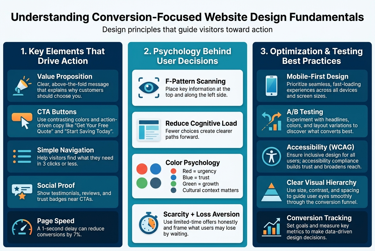 Create a clean, professional full-bleed infographic in a 3:2 landscape aspect ratio with a modern blue, teal, white, and orange color palette, bold sans-serif typography, subtle gradients, and crisp flat vector icons. 

Top header across the full width:
Large bold title: "Understanding Conversion-Focused Website Design Fundamentals"
Smaller subtitle beneath: "Design principles that guide visitors toward action"

Main layout: three wide horizontal sections arranged in a 3-column grid with clear spacing, not a vertical stack.

Left column section titled: "1. Key Elements That Drive Action"
Use four stacked content blocks with small icons:
- "Value Proposition" with a spotlight icon and text: "Clear, above-the-fold message that explains why customers should choose you."
- "CTA Buttons" with a cursor/button icon and text: "Use contrasting colors and action-driven copy like 'Get Your Free Quote' and 'Start Saving Today'."
- "Simple Navigation" with a menu icon and text: "Help visitors find what they need in 3 clicks or less."
- "Social Proof" with a star/review icon and text: "Show testimonials, reviews, and trust badges near CTAs."
Add a small speedometer icon block at the bottom:
- "Page Speed" with text: "A 1-second delay can reduce conversions by 7%."

Center column section titled: "2. Psychology Behind User Decisions"
Use four visual callout cards with icons:
- "F-Pattern Scanning" with an eye-path icon and text: "Place key information at the top and along the left side."
- "Reduce Cognitive Load" with a simple layout icon and text: "Fewer choices create clearer paths forward."
- "Color Psychology" with four colored circles and labels:
  "Red = urgency"
  "Blue = trust"
  "Green = growth"
  "Cultural context matters"
- "Scarcity + Loss Aversion" with a countdown icon and text: "Use limited-time offers honestly and frame what users may lose by waiting."

Right column section titled: "3.