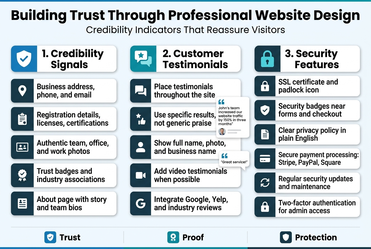 Create a professional full-bleed landscape infographic in aspect ratio 3:2 with a clean modern corporate style, white background with blue, teal, and dark gray accents, bold sans-serif typography, strong visual hierarchy, and wide horizontal sections arranged in a 3-column layout.
Top header spanning full width:
Large bold title text: "Building Trust Through Professional Website Design"
Smaller subtitle below: "Credibility Indicators That Reassure Visitors"
Main content area divided into 3 large horizontal columns with numbered section headers and icons:
Left column, section 1 with a shield/check icon and heading:
"1. Credibility Signals"
Include 5 stacked bullet blocks with small icons:
- "Business address, phone, and email"
- "Registration details, licenses, certifications"
- "Authentic team, office, and work photos"
- "Trust badges and industry associations"
- "About page with story and team bios"
Center column, section 2 with a star/chat icon and heading:
"2. Customer Testimonials"
Include 5 stacked bullet blocks with small icons:
- "Place testimonials throughout the site"
- "Use specific results, not generic praise"
- "Show full name, photo, and business name"
- "Add video testimonials when possible"
- "Integrate Google, Yelp, and industry reviews"
Add a small testimonial card visual with quote text:
"John's team increased our website traffic by 150% in three months"
and a second smaller quote:
"Great service!"
Right column, section 3 with a lock icon and heading:
"3. Security Features"
Include 6 stacked bullet blocks with small icons:
- "SSL certificate and padlock icon"
- "Security badges near forms and checkout"
- "Clear privacy policy in plain English"
- "Secure payment processing: Stripe, PayPal, Square"
- "Regular security updates and maintenance"
- "Two-factor authentication for admin access"
Add a thin bottom band across the full width with three compact visual callouts and matching icons:
"Trust"
"Proof"
"Protection"
Use clean spacing, rounded cards, subtle shadows, clear alignment, and professional business infographic styling. No decorative borders, no poster frame, no