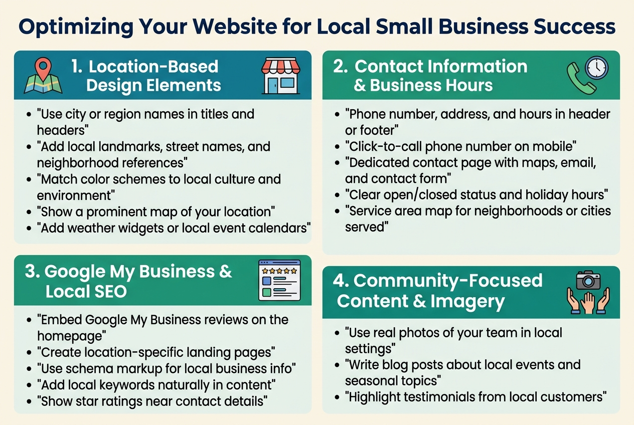 Create a clean, professional full-bleed infographic in a 3:2 landscape aspect ratio, with a wide horizontal layout and no poster frame. Use a modern sans-serif font, bold navy title, teal and green accents, light cream background, and clear section dividers.
Top header across full width: large bold title in dark navy text: "Optimizing Your Website for Local Small Business Success"
Below the title, arrange four wide content blocks in a 2x2 grid with icons and short bullet text, each block with a colored header bar and simple flat icons.
Top left block header: "1. Location-Based Design Elements" with an icon of a map pin and storefront. Include these bullets:
• "Use city or region names in titles and headers"
• "Add local landmarks, street names, and neighborhood references"
• "Match color schemes to local culture and environment"
• "Show a prominent map of your location"
• "Add weather widgets or local event calendars"
Top right block header: "2. Contact Information & Business Hours" with an icon of a phone and clock. Include these bullets:
• "Phone number, address, and hours in header or footer"
• "Click-to-call phone number on mobile"
• "Dedicated contact page with maps, email, and contact form"
• "Clear open/closed status and holiday hours"
• "Service area map for neighborhoods or cities served"
Bottom left block header: "3. Google My Business & Local SEO" with an icon of star ratings and search results. Include these bullets:
• "Embed Google My Business reviews on the homepage"
• "Create location-specific landing pages"
• "Use schema markup for local business info"
• "Add local keywords naturally in content"
• "Show star ratings near contact details"
Bottom right block header: "4. Community-Focused Content & Imagery" with an icon of a camera and community hands. Include these bullets:
• "Use real photos of your team in local settings"
• "Write blog posts about local events and seasonal topics"
•