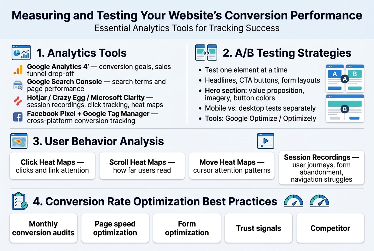 Create a full-bleed professional infographic in a 3:2 aspect ratio with a clean modern business style, white background, blue and teal accents, dark navy headings, and subtle gray dividers. Use bold sans-serif typography with a clear visual hierarchy.
Top header across the full width: large bold title text, "Measuring and Testing Your Website's Conversion Performance" with a smaller subtitle below, "Essential Analytics Tools for Tracking Success".
Below the header, organize the infographic into four wide horizontal sections with icons and short bullet-style text blocks, using a two-column layout where appropriate.
Section 1 on the upper left: heading "1. Analytics Tools" with a blue analytics dashboard icon and four small icon bullets:
"Google Analytics 4" — conversion goals, sales funnel drop-off
"Google Search Console" — search terms and page performance
"Hotjar / Crazy Egg / Microsoft Clarity" — session recordings, click tracking, heat maps
"Facebook Pixel + Google Tag Manager" — cross-platform conversion tracking
Section 2 on the upper right: heading "2. A/B Testing Strategies" with a split-test icon showing two page variants. Include short bullets:
"Test one element at a time"
"Headlines, CTA buttons, form layouts"
"Hero section: value proposition, imagery, button colors"
"Mobile vs. desktop tests separately"
"Tools: Google Optimize / Optimizely"
Use small visual comparison cards labeled "A" and "B".
Middle wide section spanning the full width: heading "3. User Behavior Analysis" with a heat map icon and a session playback icon. Divide into three compact panels:
"Click Heat Maps" — clicks and link attention
"Scroll Heat Maps" — how far users read
"Move Heat Maps" — cursor attention patterns
"Session Recordings" — user journeys, form abandonment, navigation struggles
Bottom wide section spanning the full width: heading "4. Conversion Rate Optimization Best Practices" with a checklist icon and a speedometer icon. Use five evenly spaced cards:
"Monthly conversion audits"
"Page speed optimization"
"Form optimization"
"Trust signals"
"Competitor