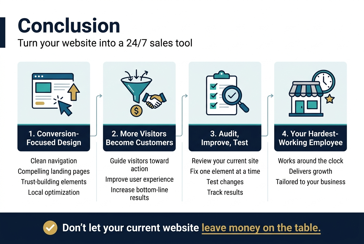 Create a clean, professional infographic illustration in a 3:2 aspect ratio, full-bleed layout, using a modern business style with navy, teal, white, and gold accents. Use a bold sans-serif heading at the top left that reads: "Conclusion". Place a short subtitle beneath it in smaller text: "Turn your website into a 24/7 sales tool".
Design a wide horizontal infographic with 4 main sections across the canvas, using clear numbered blocks, icons, and concise text. Avoid a narrow vertical poster layout.
Section 1 on the left: a website dashboard icon with a cursor and upward arrow. Heading text: "1. Conversion-Focused Design". Supporting text in short lines: "Clean navigation" "Compelling landing pages" "Trust-building elements" "Local optimization".
Section 2 in the center-left: a funnel icon leading to a handshake and dollar symbol. Heading text: "2. More Visitors Become Customers". Supporting text: "Guide visitors toward action" "Improve user experience" "Increase bottom-line results".
Section 3 in the center-right: an audit checklist icon with a magnifying glass and checkmarks. Heading text: "3. Audit, Improve, Test". Supporting text: "Review your current site" "Fix one element at a time" "Test changes" "Track results".
Section 4 on the right: a small business storefront icon combined with a clock and star. Heading text: "4. Your Hardest-Working Employee". Supporting text: "Works around the clock" "Delivers growth" "Tailored to your business".
Add a bold callout banner along the bottom spanning the width of the design with a gold highlight and a checkmark icon. Include this exact text: "Don't let your current website leave money on the table."
Use strong visual hierarchy, crisp icons, subtle connecting arrows between sections, generous spacing, and clean alignment.