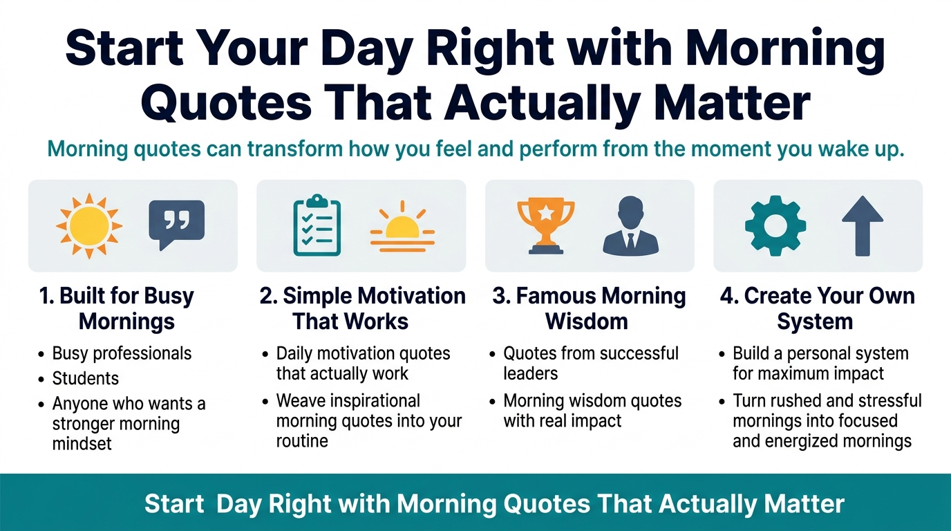 16:9 wide full-bleed infographic, clean professional modern design, no frame, no inset margins, wide horizontal layout with strong visual hierarchy. 

Top header across the full width with bold large title in dark navy:
“Start Your Day Right with Morning Quotes That Actually Matter”

Directly below the title, smaller subtitle in teal:
“Morning quotes can transform how you feel and perform from the moment you wake up.”

Main body arranged in four wide horizontal content blocks across the center, each with a clear numbered label, a colored icon, and short text.

Block 1 on the left: a bright sun icon and a small quote bubble icon, title in navy:
“1. Built for Busy Mornings”
Body text:
“Busy professionals”
“Students”
“Anyone who wants a stronger morning mindset”

Block 2 next to it: a checklist icon and a sunrise icon, title in navy:
“2. Simple Motivation That Works”
Body text:
“Daily motivation quotes that actually work”
“Weave inspirational morning quotes into your routine”

Block 3 next to it: a trophy icon and a silhouette of a leader icon, title in navy:
“3. Famous Morning Wisdom”
Body text:
“Quotes from successful leaders”
“Morning wisdom quotes with real impact”

Block 4 on the right: a gear icon and an upward arrow icon, title in navy:
“4. Create Your Own System”
Body text:
“Build a personal system for maximum impact”
“Turn rushed and stressful mornings into focused and energized mornings”

Bottom wide banner spanning the full width with