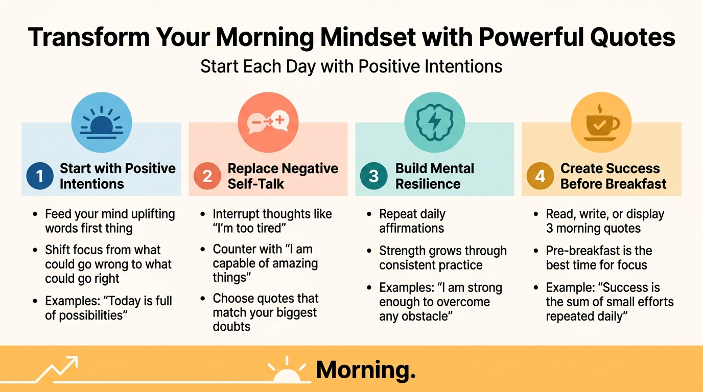 Create a clean, modern full-bleed infographic in 16:9 aspect ratio with a bright optimistic color palette of soft sunrise orange, warm yellow, teal, and navy accents. Use a professional sans-serif font with bold headline hierarchy. No borders or poster frame; wide horizontal composition with four equal sections across the center and a strong header at the top.

TOP HEADER:
Large bold title centered across the top:
“Transform Your Morning Mindset with Powerful Quotes”
Smaller subtitle beneath:
“Start Each Day with Positive Intentions”

CENTER LAYOUT:
Use 4 wide horizontal content blocks or columns across the middle, each with a colored icon circle, a numbered label, a short heading, and 2–3 concise bullet lines.

SECTION 1 on the left:
Blue sunrise icon in a circle.
Number label: “1”
Heading: “Start with Positive Intentions”
Bullets:
“Feed your mind uplifting words first thing”
“Shift focus from what could go wrong to what could go right”
“Examples: ‘Today is full of possibilities’”

SECTION 2 left-center:
Coral speech bubble icon with a minus sign turning into a plus sign.
Number label: “2”
Heading: “Replace Negative Self-Talk”
Bullets:
“Interrupt thoughts like ‘I’m too tired’”
“Counter with ‘I am capable of amazing things’”
“Choose quotes that match your biggest doubts”

SECTION 3 right-center:
Teal shield or brain-with-lightning icon.
Number label: “3”
Heading: “Build Mental Resilience”
Bullets:
“Repeat daily affirmations”
“Strength grows through consistent practice”
“Examples: ‘I am strong enough to overcome any obstacle’”

SECTION 4 on the right:
Golden coffee cup with checkmark icon.
Number label: “4”
Heading: “Create Success Before Breakfast”
Bullets:
“Read, write, or display 3 morning quotes”
“Pre-breakfast is the best time for focus”
“Example: ‘Success is the sum of small efforts repeated daily’”

BOTTOM STRIP:
A wide horizontal band across the bottom with a simple upward arrow or rising sun line graphic and a concluding statement in bold:
“Morning