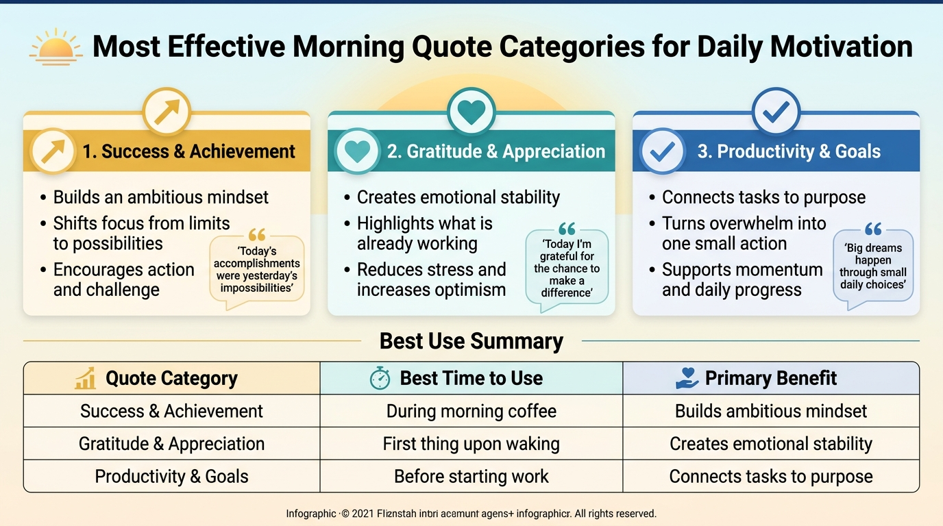 Create a clean, professional 16:9 full-bleed infographic with a bright morning-inspired palette of navy blue, teal, warm yellow, and soft white. Use modern sans-serif fonts with a bold title at the top and clear visual hierarchy. Wide horizontal layout, not a vertical poster. Add subtle sunrise gradients and thin divider lines.

TOP HEADER:
Large bold title centered at the top:
"Most Effective Morning Quote Categories for Daily Motivation"
Add a small sunrise icon to the left of the title.

MAIN BODY: three wide side-by-side content blocks across the middle, each with a colored header bar, a numbered circle icon, and a simple visual symbol.

LEFT BLOCK:
Header: "1. Success & Achievement"
Icon: gold upward arrow inside a circle.
Text bullets:
"Builds an ambitious mindset"
"Shifts focus from limits to possibilities"
"Encourages action and challenge"
Small quote callout in a speech bubble:
"Today's accomplishments were yesterday's impossibilities"

CENTER BLOCK:
Header: "2. Gratitude & Appreciation"
Icon: teal heart inside a circle.
Text bullets:
"Creates emotional stability"
"Highlights what is already working"
"Reduces stress and increases optimism"
Small quote callout in a speech bubble:
"Today I'm grateful for the chance to make a difference"

RIGHT BLOCK:
Header: "3. Productivity & Goals"
Icon: blue checkmark inside a circle.
Text bullets:
"Connects tasks to purpose"
"Turns overwhelm into one small action"
"Supports momentum and daily progress"
Small quote callout in a speech bubble:
"Big dreams happen through small daily choices"

BOTTOM SECTION: a wide comparison table spanning the full width near the bottom, with three columns and a light background. Use thin borders and small icons above each column.

Table heading centered above the table:
"Best Use Summary"

Column 1:
"Quote Category"
"Success & Achievement"
"Gratitude & Appreciation"
"Productivity & Goals"

Column 2:
"Best Time to Use"
"During morning coffee"
"First thing upon waking"
"Before starting work"

Column 3:
"Primary Benefit"
"Builds ambitious mindset"
"Creates emotional stability"
"Connects tasks to purpose"

Add a small footer