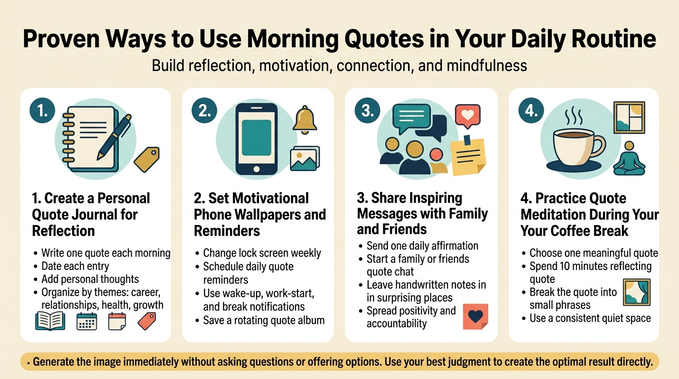16:9 full-bleed professional infographic, clean modern flat design, soft cream background with teal, navy, gold, and coral accents, bold sans-serif typography, high contrast, wide horizontal layout with four equal content blocks across the center and a strong title bar at the top.

Top header across full width:
Large bold title text: "Proven Ways to Use Morning Quotes in Your Daily Routine"
Small subtitle beneath: "Build reflection, motivation, connection, and mindfulness"

Center area in four wide horizontal sections or cards, each with a large numbered circle icon on the left of the section and a matching illustrative icon:
1. Left card with a notebook icon and pen, heading: "1. Create a Personal Quote Journal for Reflection"
   Short bullet text:
   "• Write one quote each morning"
   "• Date each entry"
   "• Add personal thoughts"
   "• Organize by themes: career, relationships, health, growth"
   Include a small open journal, calendar, and tag icons.

2. Left-center card with a smartphone icon, heading: "2. Set Motivational Phone Wallpapers and Reminders"
   Short bullet text:
   "• Change lock screen weekly"
   "• Schedule daily quote reminders"
   "• Use wake-up, work-start, and break notifications"
   "• Save a rotating quote album"
   Include a phone, bell, and image gallery icons.

3. Right-center card with a group chat and sticky note icon, heading: "3. Share Inspiring Messages with Family and Friends"
   Short bullet text:
   "• Send one daily affirmation"
   "• Start a family or friends quote chat"
   "• Leave handwritten notes in surprising places"
   "• Spread positivity and accountability"
   Include speech bubbles, heart, and sticky note icons.

4. Right card with a coffee cup and meditation icon, heading: "4. Practice Quote Meditation During Your Coffee Break"
   Short bullet text:
   "• Choose one meaningful quote"
   "• Spend 10 minutes reflecting"
   "• Break the quote into small phrases"
   "• Use a consistent quiet space"
   Include a steaming coffee cup, calm seated figure, and window corner icons.

Bottom strip across full width with a highlighted callout banner:
Text: "