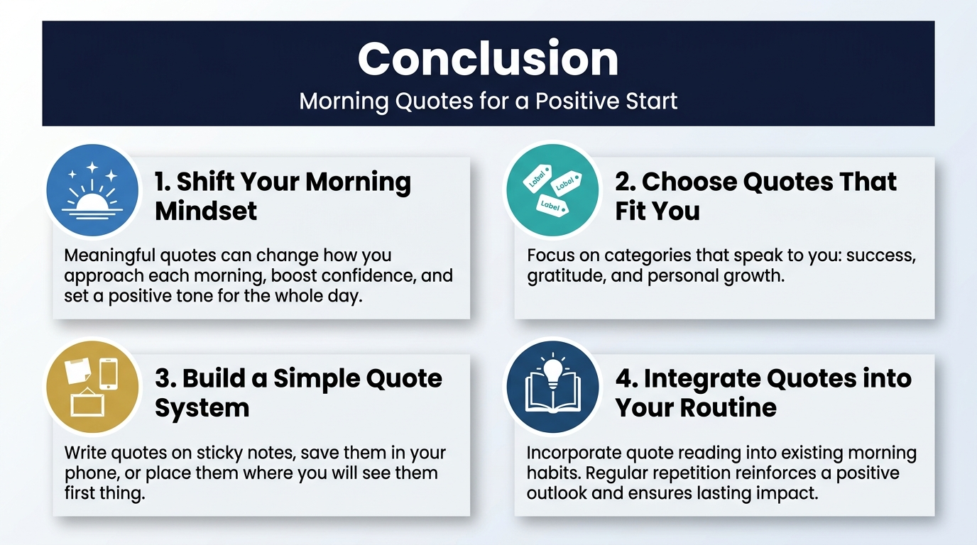 16:9 full-bleed infographic, clean professional modern style, white and soft light-gray background with blue, teal, and gold accents, bold sans-serif typography.

Top full-width header bar in dark navy with large white title text: "Conclusion" and smaller subtitle beneath it: "Morning Quotes for a Positive Start"

Below the header, arrange four wide horizontal content blocks in a 2x2 grid across the canvas, with clear spacing and subtle shadows.

Block 1, top left: blue circular icon with a rising sun and sparkle symbols. Bold heading: "1. Shift Your Morning Mindset" Body text: "Meaningful quotes can change how you approach each morning, boost confidence, and set a positive tone for the whole day."

Block 2, top right: teal circular icon with three small label tags. Bold heading: "2. Choose Quotes That Fit You" Body text: "Focus on categories that speak to you: success, gratitude, and personal growth."

Block 3, bottom left: gold circular icon with a sticky note, phone, and wall frame symbols. Bold heading: "3. Build a Simple Quote System" Body text: "Write quotes on sticky notes, save them in your phone, or place them where you will see them first thing."

Block 4, bottom right: dark blue circular icon with an open book and lightbulb. Bold