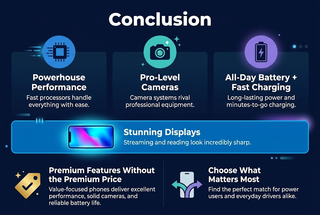Create a clean, modern infographic illustration in a 3:2 aspect ratio with a full-bleed background, no frame, no inset margins, and a wide horizontal layout. Use a professional tech style with deep navy, electric blue, teal, white, and subtle purple accents. Use bold sans-serif typography for headings and smaller readable sans-serif text for body copy.

Top center: large bold heading in white text: "Conclusion"

Below the heading, create a wide 3-column layout of feature blocks with clear spacing and visual hierarchy:

Left block:
A blue circular icon with a microchip and speed lines above the text.
Headline in bold: "Powerhouse Performance"
Body text: "Fast processors handle everything with ease."

Center block:
A teal circular icon with a camera lens and sparkle accents above the text.
Headline in bold: "Pro-Level Cameras"
Body text: "Camera systems rival professional equipment."

Right block:
A purple circular icon with a battery and lightning bolt above the text.
Headline in bold: "All-Day Battery + Fast Charging"
Body text: "Long-lasting power and minutes-to-go charging."

Across the lower middle section, add a wide highlighted band with a display icon:
A bright blue rectangular icon showing a smartphone screen with vivid colors and glow.
Headline in bold: "Stunning Displays"
Body text: "Streaming and reading look incredibly sharp."

Bottom section split into two horizontal value panels:

Left bottom panel:
A gold price tag icon with a checkmark.
Headline in bold: "Premium Features Without the Premium Price"
Body text: "Value-focused phones deliver excellent performance, solid cameras, and reliable battery life."

Right bottom panel:
A simple phone choice icon with two path arrows.
Headline in bold: "Choose What Matters Most"
Body text: "Find the perfect match for power users and everyday drivers alike."

Add small subtle tech accents like glow lines, dots, and soft gradients around the sections. Keep all text crisp, aligned, and easy to read. Use a balanced, polished infographic composition with no character illustrations.