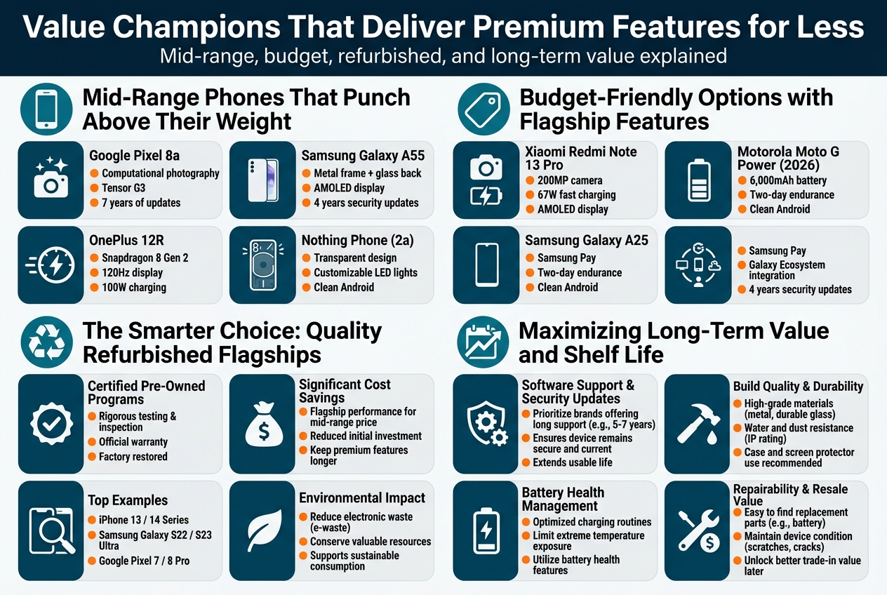 Create a full-bleed professional infographic in a 3:2 aspect ratio with a clean modern technology style, white background, deep blue and teal accents, orange highlights, and bold sans-serif typography. Use a wide horizontal layout with clear section blocks, icons, and strong visual hierarchy.

Top header across the full width:
Large bold title: "Value Champions That Deliver Premium Features for Less"
Smaller subtitle beneath: "Mid-range, budget, refurbished, and long-term value explained"

Main content arranged in four wide sections with icons and short callouts:

1) Left upper section with a smartphone icon and the heading: "Mid-Range Phones That Punch Above Their Weight"
Inside, four compact phone cards in a 2x2 grid:
- "Google Pixel 8a" with camera sparkle icon, small callouts: "Computational photography", "Tensor G3", "7 years of updates"
- "Samsung Galaxy A55" with metal/glass icon, callouts: "Metal frame + glass back", "AMOLED display", "4 years security updates"
- "OnePlus 12R" with speed and charging bolt icon, callouts: "Snapdragon 8 Gen 2", "120Hz display", "100W charging"
- "Nothing Phone (2a)" with transparent phone and LED icon, callouts: "Transparent design", "Customizable LED lights", "Clean Android"

2) Right upper section with a price tag icon and the heading: "Budget-Friendly Options with Flagship Features"
Inside, four cards with icons:
- "Xiaomi Redmi Note 13 Pro" with camera and charging icon, callouts: "200MP camera", "67W fast charging", "AMOLED display"
- "Motorola Moto G Power (2026)" with battery icon, callouts: "6,000mAh battery", "Two-day endurance", "Clean Android"
- "Samsung Galaxy A25" with ecosystem icon, callouts: "Samsung Pay", "Galaxy