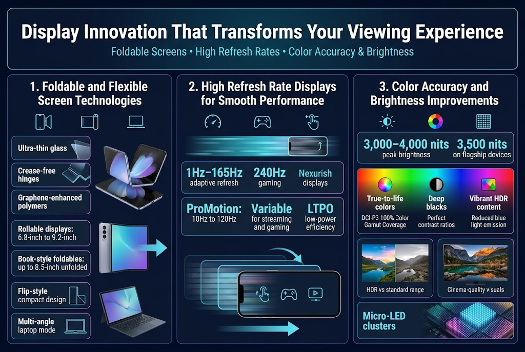 Create a clean, professional full-bleed infographic in a 3:2 aspect ratio with a modern tech style, dark navy background, electric blue, cyan, purple, and white accents, crisp sans-serif fonts, subtle gradients, and glowing UI lines.

Top header across the full width:
Bold title in large white text: "Display Innovation That Transforms Your Viewing Experience"
Small subtitle beneath in light cyan: "Foldable Screens • High Refresh Rates • Color Accuracy & Brightness"

Below the header, organize the infographic into three wide horizontal sections with cards and icons, using a balanced multi-column layout, not a vertical poster stack.

LEFT SECTION: "1. Foldable and Flexible Screen Technologies"
Use a smartphone-and-hinge icon, a rollable screen icon, and a laptop-mode icon.
Include three stacked feature cards with short labels and small device illustrations:
- "Ultra-thin glass"
- "Crease-free hinges"
- "Graphene-enhanced polymers"
- "Rollable displays: 6.8-inch to 9.2-inch"
- "Book-style foldables: up to 8.5-inch unfolded"
- "Flip-style compact design"
- "Multi-angle laptop mode"
Show a visual of a foldable phone opening into a tablet, plus a rollable display expanding sideways with a smooth arrow.

CENTER SECTION: "2. High Refresh Rate Displays for Smooth Performance"
Use a speedometer icon, a gaming controller icon, and a scrolling gesture icon.
Place a large central stat strip with bold numbers:
- "1Hz–165Hz adaptive refresh"
- "240Hz gaming displays"
- "ProMotion: 10Hz to 120Hz"
- "Variable refresh for streaming and gaming"
- "LTPO low-power efficiency"
Add a horizontal motion graphic with smooth frame-rate bars and a phone screen showing fluid scrolling, gaming, and video playback icons.

RIGHT SECTION: "3. Color Accuracy and Brightness Improvements"
Use a sun/brightness icon, a color wheel icon, and a micro-LED grid icon.
Include a bright stat cluster with bold number callouts:
- "3,000–4,000 nits peak brightness"
- "3,500 nits on flagship devices"
- "