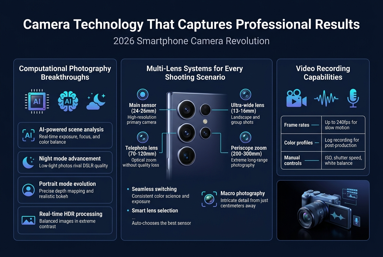 Create a full-bleed 3:2 landscape infographic with a clean, premium tech aesthetic in dark navy, electric blue, cyan, white, and subtle purple accents. Use a modern sans-serif font with a bold title at the top and clear section hierarchy. No borders or poster frame. Wide horizontal layout with three main content blocks across the canvas and a bottom video section.

TOP HEADER:
Large bold title centered across the top: "Camera Technology That Captures Professional Results"
Subtitle below in smaller text: "2026 Smartphone Camera Revolution"

LEFT BLOCK: "Computational Photography Breakthroughs"
Use a camera chip, AI brain, and night-sky icons.
Include four stacked mini points with simple icons:
1. "AI-powered scene analysis"
   "Real-time exposure, focus, and color balance"
2. "Night mode advancement"
   "Low-light photos rival DSLR quality"
3. "Portrait mode evolution"
   "Precise depth mapping and realistic bokeh"
4. "Real-time HDR processing"
   "Balanced images in extreme contrast"

CENTER BLOCK: "Multi-Lens Systems for Every Shooting Scenario"
Show a sleek smartphone camera array with labeled lens icons and short callouts around it.
Include four lens labels:
- "Main sensor (24-26mm)"
  "High-resolution primary camera"
- "Ultra-wide lens (13-16mm)"
  "Landscape and group shots"
- "Telephoto lens (70-120mm)"
  "Optical zoom without quality loss"
- "Periscope zoom (200-300mm)"
  "Extreme long-range photography"
Add small text beneath:
"Seamless switching"
"Consistent color science and exposure"
"Smart lens selection"
"Auto-chooses the best sensor"
Add a small macro close-up icon and text:
"Macro photography"
"Intricate detail from just centimeters away"

RIGHT BLOCK: "Video Recording Capabilities"
Use a video camera, waveform, microphone, and timeline icons.
Include a compact feature grid or table with clear lines and labels:
"Frame rates" — "Up to 240fps for slow motion"
"Color profiles" — "Log recording for post-production"
"Manual controls" — "ISO, shutter speed, white balance