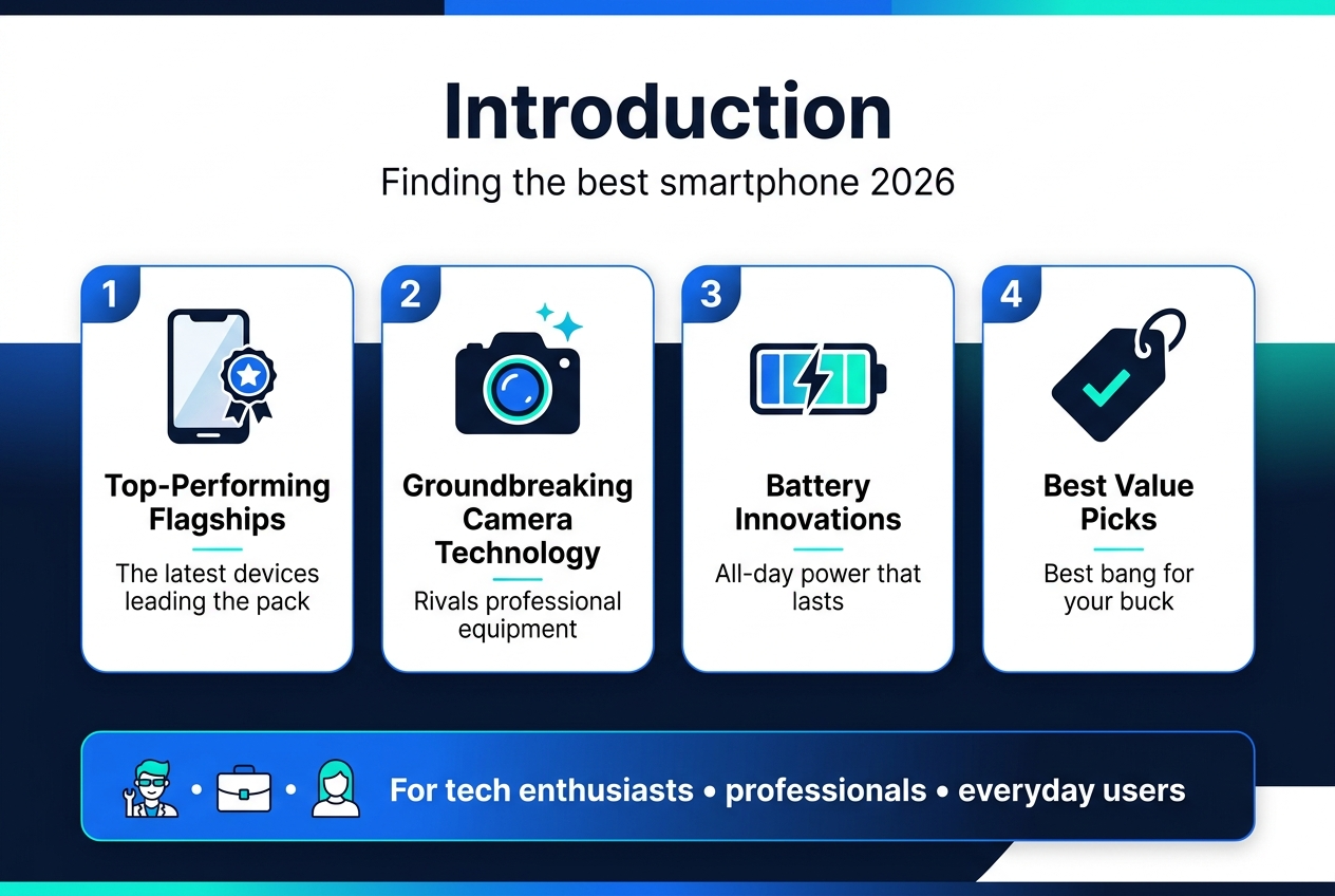 Create a full-bleed landscape infographic in a 3:2 aspect ratio with a clean modern tech style, dark navy and white background, electric blue and neon teal accents, subtle gradients, and crisp sans-serif typography. Place a bold main heading at the top center: "Introduction". Directly beneath it, add a smaller subtitle: "Finding the best smartphone 2026". 

Use a wide horizontal layout with four evenly spaced content blocks across the center, each in a rounded rectangle card with a distinct icon and numbered label:
1. Left card: a sleek smartphone icon with a star badge, title text "Top-Performing Flagships", and short supporting line "The latest devices leading the pack".
2. Second card: a camera lens icon with sparkle accents, title text "Groundbreaking Camera Technology", and short supporting line "Rivals professional equipment".
3. Third card: a battery icon with a full charge bar and lightning symbol, title text "Battery Innovations", and short supporting line "All-day power that lasts".
4. Right card: a price tag icon with a checkmark, title text "Best Value Picks", and short supporting line "Best bang for your buck".

At the bottom, add a wide horizontal summary band with three small icons separated by dots: a tech enthusiast icon, a professional briefcase icon, and a casual user icon. Include the text: "For tech enthusiasts • professionals • everyday users". Use clear visual hierarchy, bold section titles, smaller body text, aligned spacing, and professional infographic styling throughout.