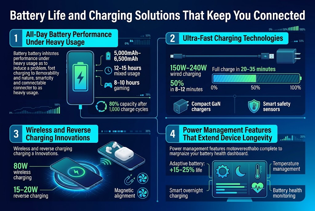 Create a clean, professional full-bleed infographic in 3:2 aspect ratio with a modern tech style, dark navy-to-electric blue gradient background, cyan and green accent colors, white text, subtle glowing circuit patterns, and crisp sans-serif fonts. Place a bold large title across the top: "Battery Life and Charging Solutions That Keep You Connected".

Use a wide 4-section horizontal layout with clear numbered blocks and icons, avoiding a narrow vertical stack:

1) LEFT TOP SECTION — "All-Day Battery Performance Under Heavy Usage"
Show a large smartphone icon with a full battery gauge and a lightning bolt. Include three small stat callouts beside it:
- "5,000mAh–6,500mAh"
- "12–15 hours mixed usage"
- "8–10 hours gaming"
Add a smaller callout below with a circular cycle icon: "80% capacity after 1,000 charge cycles"

2) RIGHT TOP SECTION — "Ultra-Fast Charging Technologies"
Show a charging cable, power brick, and progress bar filling rapidly from 0% to 50% to 100%. Include bold stat labels:
- "150W–240W wired charging"
- "50% in 8–12 minutes"
- "Full charge in 20–35 minutes"
Add a compact GaN charger icon and a temperature shield icon with text:
- "Compact GaN chargers"
- "Smart safety sensors"

3) LEFT BOTTOM SECTION — "Wireless and Reverse Charging Innovations"
Show a phone on a glowing wireless charging pad, plus a second phone and earbuds on the back of the first phone for reverse charging. Include these labels:
- "80W wireless charging"
- "15–20W reverse charging"
- "Magnetic alignment"
Add small magnetic snap icons and a cooling fan icon.

4) RIGHT BOTTOM SECTION — "Power Management Features That Extend Device Longevity"
Show a battery health dashboard with a gear, moon icon, thermometer, and heart/health meter. Include four short callouts:
- "Adaptive battery: +15–25% life"
- "Smart overnight charging"
- "Temperature management"
- "Battery health monitoring"

Add thin connector lines between sections, subtle data bars, and small percentage indicators. Use clear hierarchy with section headers in bold cyan, body text in white,