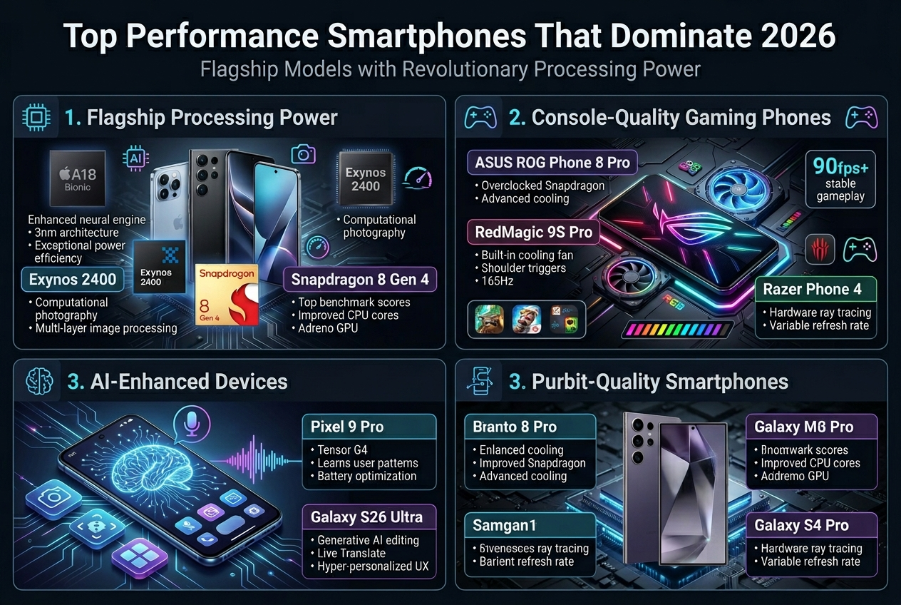 Create a full-bleed professional infographic in 3:2 aspect ratio with a dark premium tech background, neon blue, cyan, purple, and silver accents, clean sans-serif typography, strong visual hierarchy, and subtle circuit-board texture. Add a bold top heading centered across the width: "Top Performance Smartphones That Dominate 2026". Place a smaller subtitle beneath it: "Flagship Models with Revolutionary Processing Power".

Use a wide 2x2 grid layout of four large horizontal sections with clear icons and numbered labels, avoiding any narrow vertical stack.

Section 1 at upper left: a sleek flagship phone cluster with a microchip icon and label "1. Flagship Processing Power". Include three comparison chips or badges:
"A18 Bionic" with text "Enhanced neural engine • 3nm architecture • Exceptional power efficiency"
"Exynos 2400" with text "Computational photography • Multi-layer image processing"
"Snapdragon 8 Gen 4" with text "Top benchmark scores • Improved CPU cores • Adreno GPU"
Add small visual icons for AI, camera, and speed.

Section 2 at upper right: a gaming phone scene with RGB lighting, cooling fan, shoulder trigger icon, and game controller symbols. Title: "2. Console-Quality Gaming Phones". Include three brand labels:
"ASUS ROG Phone 8 Pro" with text "Overclocked Snapdragon • Advanced cooling"
"RedMagic 9S Pro" with text "Built-in cooling fan • Shoulder triggers • 165Hz"
"Razer Phone 4" with text "Hardware ray tracing • Variable refresh rate"
Add a performance badge with text: "90fps+ stable gameplay". Include small game icons and RGB accent bars.

Section 3 at lower left: an AI-themed phone with glowing neural network lines, assistant voice wave, scene recognition camera icons, and predictive app tiles. Title: "3. AI-Enhanced Devices". Include two brand blocks:
"Pixel 9 Pro" with text "Tensor G4 • Learns user patterns • Battery optimization"
"Galaxy S