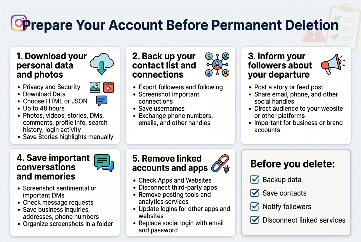 Create a clean professional infographic in a full-bleed 3:2 landscape layout with a light neutral background, bold navy title at the top center: “Prepare Your Account Before Permanent Deletion”. Use a modern sans-serif font, strong hierarchy, teal, blue, orange, and red accent colors, with clear icons and numbered sections arranged in two wide horizontal rows of three cards each.Top area: title spanning the width, with a small Instagram-style camera icon and a subtle warning/checklist motif.Section 1, upper left card: heading “1. Download your personal data and photos” with a cloud download icon and small photo/video/message icons. Include short bullet text: “Privacy and Security”, “Download Data”, “Choose HTML or JSON”, “Up to 48 hours”, “Photos, videos, stories, DMs, comments, profile info, search history, login activity”, “Save Stories highlights manually”.Section 2, upper center card: heading “2. Back up your contact list and connections” with a follower network icon showing connected people. Include bullet text: “Export followers and following”, “Screenshot important connections”, “Save usernames”, “Exchange phone numbers, emails, and other handles”.Section 3, upper right card: heading “3. Inform your followers about your departure” with a megaphone icon. Include bullet text: “Post a story or feed post”, “Share email, phone, and other social handles”, “Direct audience to your website or other platforms”, “Important for business or brand accounts”.Bottom row, left card: heading “4. Save important conversations and memories” with a chat bubble and screenshot icon. Include bullet text: “Screenshot sentimental or important DMs”, “Check message requests”, “Save business inquiries, addresses, phone numbers”, “Organize screenshots in a folder”.Bottom row, center card: heading “5. Remove linked accounts and apps” with a chain link and plug icon. Include bullet text: “Check Apps and Websites”, “Disconnect third-party apps”, “Remove posting tools and analytics services”, “Update logins for other apps and websites”, “Replace social login with email and password”.Bottom row, right card: a summary checklist box with bold heading “Before you delete:” and four checkmarked items: “Backup data”, “Save contacts”, “Notify followers”, “Disconnect linked services”.Use crisp line