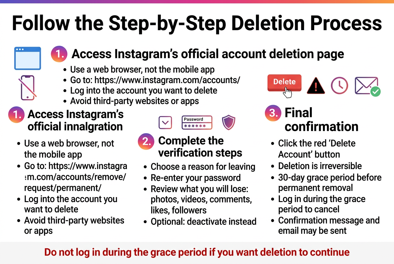 Create a clean professional infographic in a 3:2 aspect ratio with a full-bleed layout, white background, Instagram-inspired accent colors (gradient pink, purple, orange) plus black and red for warnings. Use a bold sans-serif heading across the top: "Follow the Step-by-Step Deletion Process". Below the title, arrange three wide horizontal sections across the page with numbered circles and simple icons, not a narrow vertical stack.LEFT SECTION:A blue browser window icon and phone-with-slash icon beside the heading: "1. Access Instagram's official account deletion page"Include short bullet text in a clean sans-serif:"Use a web browser, not the mobile app""Go to: https://www.instagram.com/accounts/remove/request/permanent/""Log into the account you want to delete""Avoid third-party websites or apps"CENTER SECTION:A dropdown menu icon, password field icon, and shield icon beside the heading: "2. Complete the verification steps"Include short bullet text:"Choose a reason for leaving""Re-enter your password""Review what you will lose: photos, videos, comments, likes, followers""Optional: deactivate instead"RIGHT SECTION:A red delete button icon, warning triangle, clock icon, and confirmation email icon beside the heading: "3. Final confirmation"Include short bullet text:"Click the red 'Delete Account' button""Deletion is irreversible""30-day grace period before permanent removal""Log in during the grace period to cancel""Confirmation message and email may be sent"Add a small bottom warning bar spanning the width with bold red text: "Do not log in during the grace period if you want deletion to continue"Use clear hierarchy: large title at top, three equally sized sections underneath, concise body text, strong iconography, ample spacing, modern flat design, crisp legible typography.