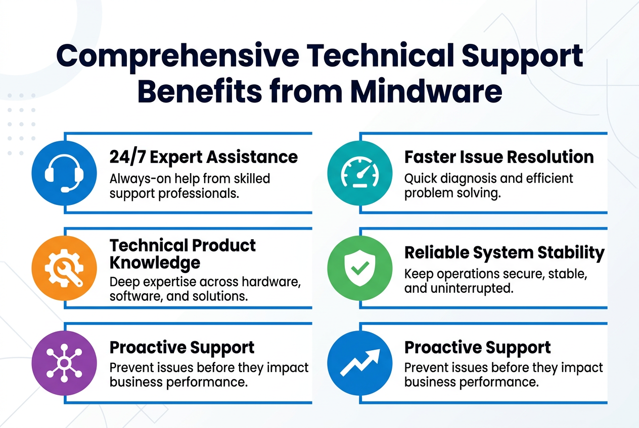 Create a full-bleed infographic illustration in 3:2 aspect ratio with a clean modern corporate style, white background with blue and teal accents, dark navy text, and subtle light-gray geometric patterns. Use bold sans-serif fonts with strong hierarchy.Top center: large bold heading in dark navy text, exactly: "Comprehensive Technical Support Benefits from Mindware"Below the heading, arrange six wide horizontal infographic blocks in a 3-column by 2-row grid across the canvas, with clear spacing and thin blue dividers. Each block includes a colored circular icon on the left, a bold subheading, and a short support benefit line.Block 1, top left: blue circle icon with a headset and microphone. Text: "24/7 Expert Assistance" and smaller line: "Always-on help from skilled support professionals."Block 2, top center: teal circle icon with a speedometer. Text: "Faster Issue Resolution" and smaller line: "Quick diagnosis and efficient problem solving."Block 3, top right: green circle icon with a shield and checkmark. Text: "Reliable System Stability" and smaller line: "Keep operations secure, stable, and uninterrupted."Block 4, bottom left: orange circle icon with a wrench and gear. Text: "Technical Product Knowledge" and smaller line: "Deep expertise across hardware, software, and solutions."Block 5, bottom center: purple circle icon with connected nodes. Text: "Proactive Support" and smaller line: "Prevent issues before they impact business performance."Block 6, bottom right: blue circle icon with a growth arrow. Text: "