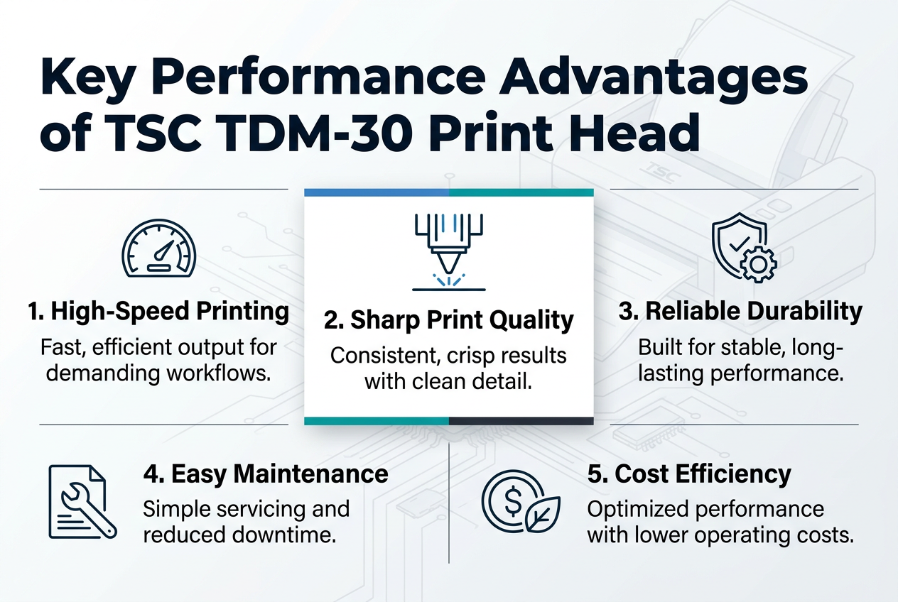 Aspect ratio 3:2, full-bleed modern industrial infographic on a clean white and light gray background with blue, teal, and dark charcoal accents. Bold title across the top: "Key Performance Advantages of TSC TDM-30 Print Head" in large sans-serif font, dark navy, left-aligned. Below the title, arrange five wide horizontal feature panels in a 2-row layout with a large center highlight block and four surrounding blocks, avoiding a narrow vertical stack. Use clear numbered sections with simple line icons.1) Top-left panel with a speedometer icon and the heading "1. High-Speed Printing" plus short text "Fast, efficient output for demanding workflows."2) Top-center large highlight panel with a precision printhead icon and the heading "2. Sharp Print Quality" plus short text "Consistent, crisp results with clean detail."3) Top-right panel with a shield and gear icon and the heading "3. Reliable Durability" plus short text "Built for stable, long-lasting performance."4) Bottom-left panel with a wrench and paper icon and the heading "4. Easy Maintenance" plus short text "Simple servicing and reduced downtime."5) Bottom-right panel with a coin and leaf icon and the heading "5. Cost Efficiency" plus short text "Optimized performance with lower operating costs."Include a subtle technical background pattern of faint circuit lines and printer components, with thin divider lines between panels. Use strong visual hierarchy: large heading, medium bold section titles, smaller body text. Keep the design professional, clean, and balanced, with plenty of horizontal spacing and crisp infographic styling.