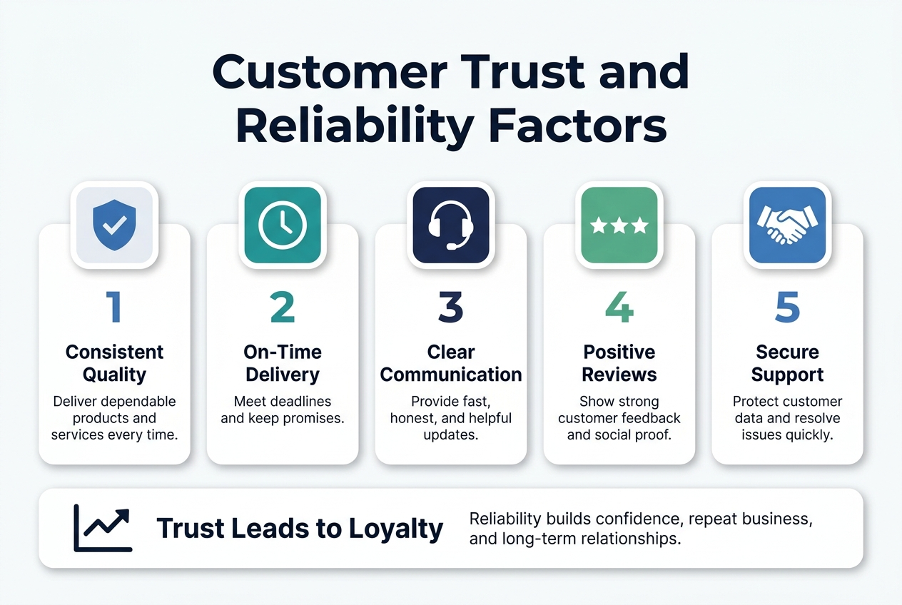 Aspect ratio 3:2, full-bleed professional infographic illustration on a clean white background with deep navy, teal, blue, and soft gray accents. Large bold heading centered at the top: "Customer Trust and Reliability Factors" in a modern sans-serif font. Below the heading, a wide horizontal layout with five evenly spaced numbered sections across the middle of the canvas, each in a rounded rectangle card with a subtle shadow and a distinct icon.Section 1 on the left: a blue shield icon with a checkmark above the number "1" and the title "Consistent Quality" with small body text: "Deliver dependable products and services every time."Section 2: a teal clock icon above the number "2" and the title "On-Time Delivery" with small body text: "Meet deadlines and keep promises."Section 3: a navy headset icon above the number "3" and the title "Clear Communication" with small body text: "Provide fast, honest, and helpful updates."Section 4: a green star rating icon above the number "4" and the title "Positive Reviews" with small body text: "Show strong customer feedback and social proof."Section 5 on the right: a blue handshake icon above the number "5" and the title "Secure Support" with small body text: "Protect customer data and resolve issues quickly."At the bottom, a wide horizontal summary band with a simple upward line chart icon on the left and bold text: "Trust Leads to Loyalty" followed by smaller text: "Reliability builds confidence, repeat business, and long-term relationships." Use strong visual hierarchy, crisp vector shapes, balanced spacing, and aligned columns. No decorative border, no poster frame, no inset margins.