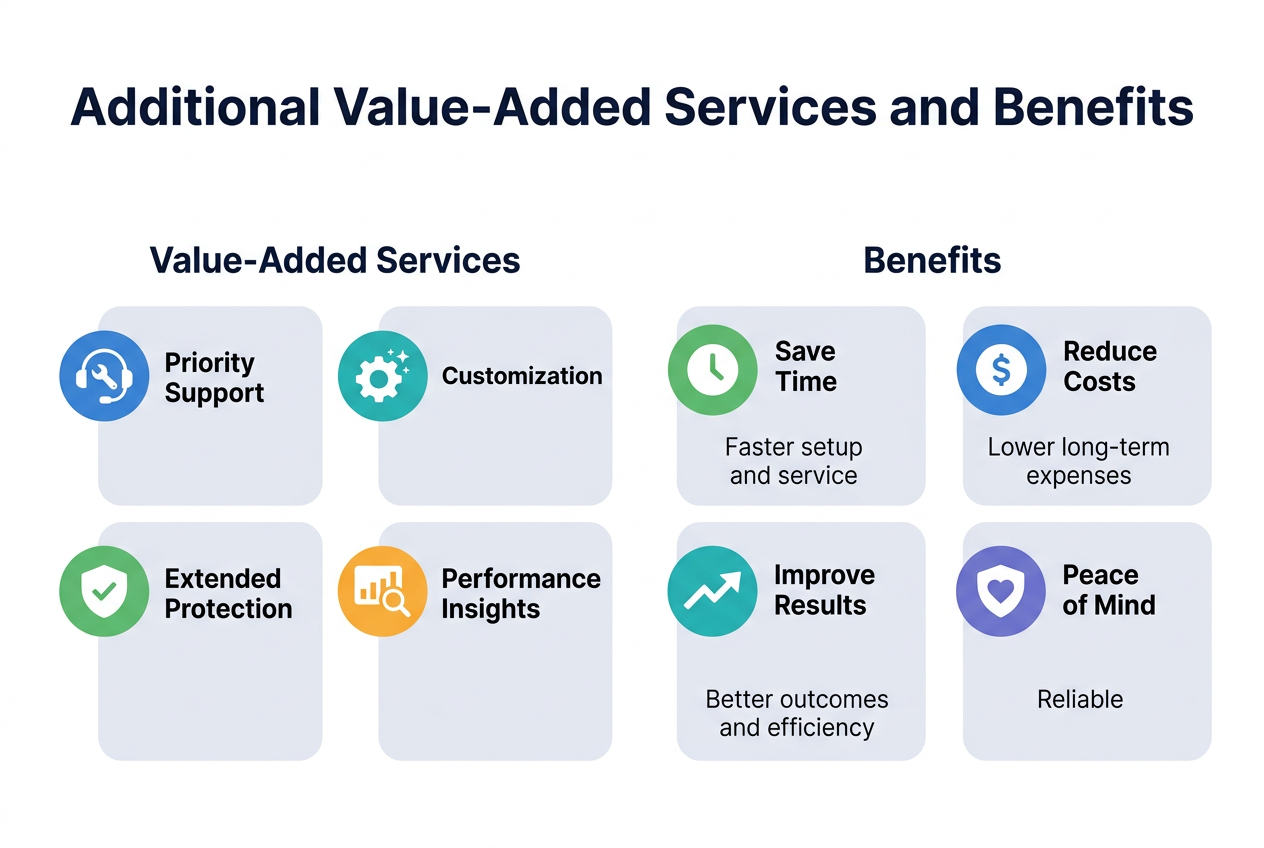 Create a clean professional infographic illustration in a 3:2 aspect ratio with a full-bleed layout, no frame, no inset margins, and a wide horizontal composition. Use a modern flat design style with blue, teal, green, and soft gray accents on a white background. At the top, place a large bold heading in dark navy text: "Additional Value-Added Services and Benefits".Below the heading, organize the content into two wide horizontal sections with clear visual hierarchy.LEFT SECTION: "Value-Added Services"Create four rounded rectangular blocks arranged in a 2x2 grid on the left half of the image. Each block should have a colored circular icon on the left and a short label on the right:1. A blue circular icon with a headset and wrench, label: "Priority Support"2. A teal circular icon with a gear and sparkle, label: "Customization"3. A green circular icon with a shield and checkmark, label: "Extended Protection"4. An orange circular icon with a chart and magnifying glass, label: "Performance Insights"RIGHT SECTION: "Benefits"Create four matching rounded rectangular blocks arranged in a 2x2 grid on the right half of the image. Each block should have a bold benefit label and a smaller subtitle beneath it:1. A green circular icon with a clock, label: "Save Time", subtitle: "Faster setup and service"2. A blue circular icon with a dollar sign, label: "Reduce Costs", subtitle: "Lower long-term expenses"3. A teal circular icon with a rising arrow, label: "Improve Results", subtitle: "Better outcomes and efficiency"4. A purple circular icon with a heart and shield, label: "Peace of Mind", subtitle: "Reliable