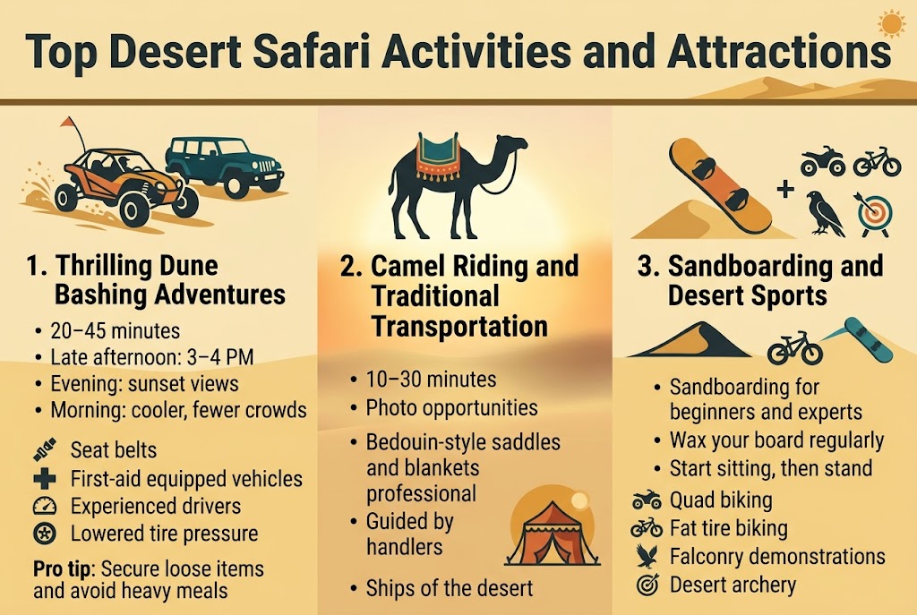 Create a clean, professional landscape infographic in 3:2 aspect ratio with a full-bleed layout, desert-inspired color palette of golden sand, warm orange, deep teal, and dark charcoal, modern sans-serif fonts, bold hierarchy, and clear section spacing.
Top banner across the full width with a bold title in large dark charcoal text: "Top Desert Safari Activities and Attractions"
Add a subtle desert dune illustration and small sun icon in the header.
Below the title, divide the infographic into three wide horizontal sections or three side-by-side content blocks with clear icons and numbered labels.
Section 1 on the left: a dynamic dune buggy / 4WD SUV icon with flying sand.
Heading: "1. Thrilling Dune Bashing Adventures"
Include short bullet text in a neat list:
"20–45 minutes"
"Late afternoon: 3–4 PM"
"Evening: sunset views"
"Morning: cooler, fewer crowds"
Add small safety icons beside a second mini-list:
"Seat belts"
"First-aid equipped vehicles"
"Experienced drivers"
"Lowered tire pressure"
Place a small warning/pro tip callout at the bottom of this section:
"Pro tip: Secure loose items and avoid heavy meals"
Section 2 in the center: a camel silhouette icon with decorative saddle and blanket.
Heading: "2. Camel Riding and Traditional Transportation"
Include short bullet text:
"10–30 minutes"
"Photo opportunities"
"Bedouin-style saddles and blankets"
"Guided by professional handlers"
Add a warm cultural accent with a small Bedouin tent or desert camp icon.
Include a small caption-style line:
"Ships of the desert"
Place a soft golden-hour background glow behind this section.
Section 3 on the right: a sandboard icon angled on a dune, plus small quad bike, fat tire bike, falcon, and archery target icons arranged as mini symbols.
Heading: "3. Sandboarding and Desert Sports"
Include compact bullet text:
"Sandboarding for beginners and experts"
"Wax your board regularly"
"Start sitting, then stand"
"Quad biking"
"Fat tire biking"
"Falconry demonstrations"
"Desert archery"
Add a small safety