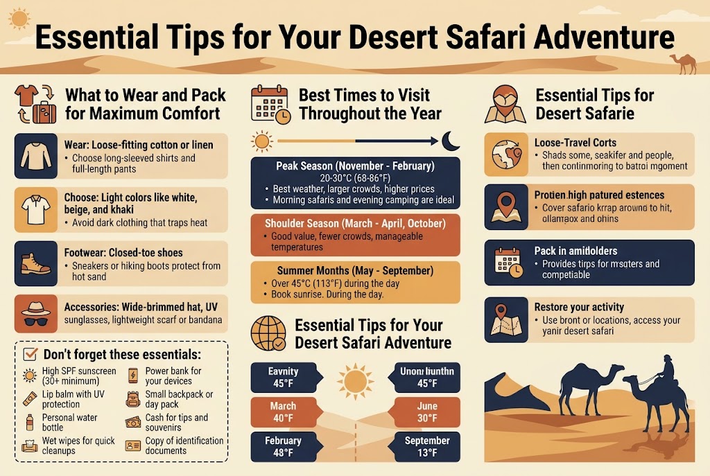 Create a full-bleed, wide infographic in 3:2 aspect ratio with a clean professional travel style, warm desert color palette (sand beige, burnt orange, deep navy, white accents), modern sans-serif fonts, strong visual hierarchy, and clear icons. Use a wide horizontal layout with three main content sections across the page, not a vertical poster.
TOP HEADER: bold large title centered across the top:
"Essential Tips for Your Desert Safari Adventure"
Add a subtle desert dune background, sun icon, and small camel silhouette near the header.
LEFT SECTION: "What to Wear and Pack for Maximum Comfort"
Use a clothing and packing icon cluster. Include 4 stacked sub-blocks with small icons and short bullet text:
1. "Wear: Loose-fitting cotton or linen"
"Choose long-sleeved shirts and full-length pants"
2. "Choose: Light colors like white, beige, and khaki"
"Avoid dark clothing that traps heat"
3. "Footwear: Closed-toe shoes"
"Sneakers or hiking boots protect from hot sand"
4. "Accessories: Wide-brimmed hat, UV sunglasses, lightweight scarf or bandana"
Below, add a neat checklist box titled "Don't forget these essentials:" with small icons and the exact items in two columns:
"High SPF sunscreen (30+ minimum)"
"Lip balm with UV protection"
"Personal water bottle"
"Wet wipes for quick cleanups"
"Power bank for your devices"
"Small backpack or day pack"
"Cash for tips and souvenirs"
"Copy of identification documents"
CENTER SECTION: "Best Times to Visit Throughout the Year"
Use a calendar icon and a sun-to-moon seasonal timeline with three color-coded blocks:
"Peak Season (November - February)"
"20-30°C (68-86°F)"
"Best weather, larger crowds, higher prices"
"Morning safaris and evening camping are ideal"
"Shoulder Season (March - April, October)"
"Good value, fewer crowds, manageable temperatures"
"Summer Months (May - September)"
"Over 45°C (113°F) during the day"
"Book sunrise