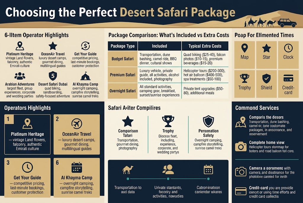 Create a full-bleed 3:2 landscape infographic in a clean modern travel style with a dark navy, sand beige, and gold color palette, white text, teal accent lines, and crisp sans-serif fonts. Add a bold top heading centered across the full width: "Choosing the Perfect Desert Safari Package". Use a wide multi-column layout, not a vertical poster. Include clear section headers, icons, numbered blocks, comparison tables, and small map-pin, star, clock, camel, trophy, shield, calendar, camera, and credit-card icons.
Top row: a wide title band with a subtle desert dune background, small silhouette of a camel caravan and 4x4 vehicle on the right.
Left upper section: a 6-item operator highlights grid with one icon and one short specialty line each.
1. "Platinum Heritage" — vintage Land Rovers, falconry, authentic Emirati culture
2. "OceanAir Travel" — luxury desert camps, gourmet dining, multilingual guides
3. "Get Your Guide" — competitive pricing, last-minute bookings, customer protection
4. "Arabian Adventures" — largest fleet, group experiences, corporate and wedding parties
5. "Desert Safari Dubai" — quad biking, sandboarding, safety-focused adventure
6. "Al Khayma Camp" — overnight camping, campfire storytelling, sunrise camel treks
Center wide section: a comparison table titled "Package Comparison: What's Included vs Extra Costs" with 3 horizontal rows and 3 columns labeled "Package Type", "Included", "Typical Extra Costs".
Row 1: "Budget Safari" | "Transportation, dune bashing, camel ride, BBQ dinner, cultural shows" | "Quad biking ($25-40), falcon photos ($10-15), premium beverages ($15-20)"
Row 2: "Premium Safari" | "Luxury vehicle, private guide, all activities, alcohol included, photography" | "Helicopter tours ($200-300), hot air balloon ($400-500), spa treatments ($50-100)"
Row 3: "Overnight Safari" | "All standard activities, camping gear, breakfast, sunset/sunrise experiences" | "Private tent upgrades ($50-80), additional meals