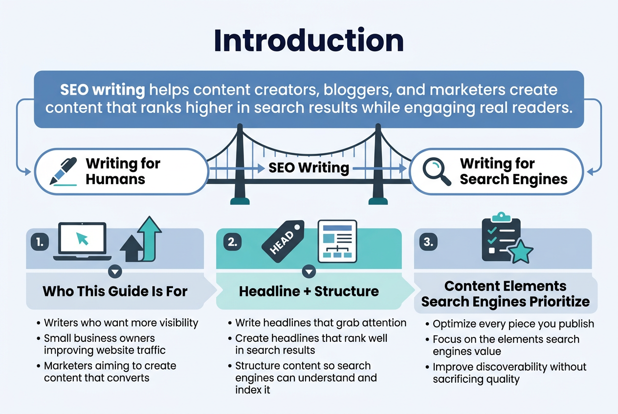 Full-bleed professional infographic illustration in 3:2 aspect ratio, clean modern flat design, wide horizontal layout with no inset margins, white background with blue, teal, and dark gray accents, bold sans-serif typography.

Top center: large bold heading text in dark navy, "Introduction"

Below the heading, across the upper half, a wide hero statement in a blue-tinted rounded rectangle:
"SEO writing helps content creators, bloggers, and marketers create content that ranks higher in search results while engaging real readers."

Under the hero statement, place a centered bridge graphic connecting two sides:
Left side label with a writing pen icon and the text "Writing for Humans"
Right side label with a search magnifying glass icon and the text "Writing for Search Engines"
Between them, a bridge or arrow line with the text "SEO Writing"

Lower half divided into three wide horizontal content blocks or columns with numbered badges:

1. Left block with a laptop and traffic upward arrow icon, title text:
"Who This Guide Is For"
Bullet list:
"• Writers who want more visibility"
"• Small business owners improving website traffic"
"• Marketers aiming to create content that converts"

2. Center block with a headline tag icon and a document structure icon, title text:
"Headline + Structure"
Bullet points:
"• Write headlines that grab attention"
"• Create headlines that rank well in search results"
"• Structure content so search engines can understand and index it"

3. Right block with a checklist and star icon, title text:
"Content Elements Search Engines Prioritize"
Bullet points:
"• Optimize every piece you publish"
"• Focus on the elements search engines value"
"• Improve discoverability without sacrificing quality"

Add subtle connector lines or arrows guiding the eye from left to right. Use clear section separators, strong visual hierarchy, and concise text only.