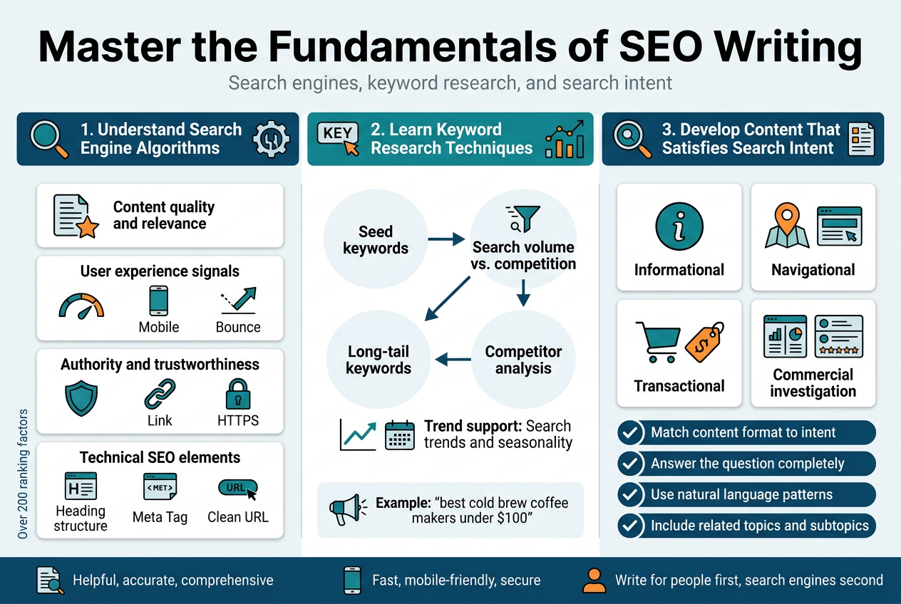 Create a clean, professional full-bleed infographic in landscape 3:2 aspect ratio, with a white background, deep blue and teal accents, orange highlights, modern sans-serif fonts, strong visual hierarchy, and crisp vector-style illustrations. Use a wide multi-column layout with clear section blocks, not a vertical poster. 

Top header across full width:
Large bold title text: "Master the Fundamentals of SEO Writing"
Small subtitle beneath in lighter text: "Search engines, keyword research, and search intent"

Main body arranged in three horizontal sections across the page, each with a colored header bar and icons:

LEFT SECTION with a magnifying glass and algorithm/gear icons:
Header text: "1. Understand Search Engine Algorithms"
Include four stacked mini-blocks with small icons and short text:
- "Content quality and relevance" with a document and star icon
- "User experience signals" with a speedometer, mobile phone, and bounce arrow icons
- "Authority and trustworthiness" with a shield, link chain, and HTTPS lock icons
- "Technical SEO elements" with a heading structure icon, meta tag icon, and clean URL icon
Add a small side note text at the bottom of this section: "Over 200 ranking factors"

CENTER SECTION with a keyword and trend icons:
Header text: "2. Learn Keyword Research Techniques"
Show a central flow diagram with arrows and four labeled nodes:
- "Seed keywords"
- "Search volume vs. competition"
- "Long-tail keywords"
- "Competitor analysis"
Add a small graph line and calendar icon for trend support with text:
- "Search trends and seasonality"
Include a small example callout box in the lower part:
"Example: 'best cold brew coffee makers under $100'"

RIGHT SECTION with a search intent and content icons:
Header text: "3. Develop Content That Satisfies Search Intent"
Show four intent cards in a 2x2 grid, each with a distinct icon:
- "Informational" with an info circle icon
- "Navigational" with a map pin and website icon
- "Transactional" with a shopping cart and price tag icon
- "Commercial investigation" with a comparison chart and review stars icon
Below the grid, add three horizontal checklist bars with checkmarks:
- "Match content format to intent"
- "Answer the question completely"
- "Use natural language patterns"
- "Include related topics and subtopics"

Bottom footer strip across full width with three small icon callouts and concise labels:
- "Helpful, accurate, comprehensive"
- "Fast, mobile-friendly, secure"
- "Write for people first, search engines second"

Use clean spacing, bold section headers, subtle dividers, and simple line icons. Make all text sharp and readable. Avoid clutter.