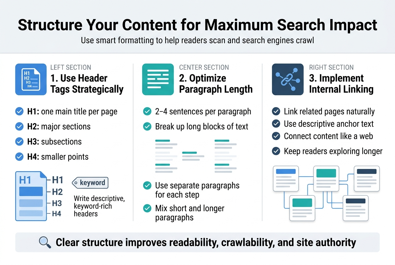 Create a clean, modern infographic illustration in a 3:2 aspect ratio with a full-bleed layout, no poster frame, no inset margins, and a wide horizontal composition using three large sections across the page. Use a white background with blue, teal, and dark gray accents, subtle light-gray dividers, and a professional sans-serif font. Place a bold headline at the top spanning the width:

"Structure Your Content for Maximum Search Impact"

Directly under the title, add a small subtitle in lighter text:
"Use smart formatting to help readers scan and search engines crawl"

Below the header, organize the infographic into three side-by-side content blocks with clear icons and numbered labels:

LEFT SECTION:
Heading: "1. Use Header Tags Strategically"
Include a blue document icon with stacked H1, H2, H3, H4 labels.
Add 4 short bullets with check icons:
"H1: one main title per page"
"H2: major sections"
"H3: subsections"
"H4: smaller points"
Add a small keyword tag icon next to the line:
"Write descriptive, keyword-rich headers"

CENTER SECTION:
Heading: "2. Optimize Paragraph Length"
Include a teal icon of a text block split into short lines.
Add 4 short bullets with check icons:
"2–4 sentences per paragraph"
"Break up long blocks of text"
"Use separate paragraphs for each step"
"Mix short and longer paragraphs"
Add a visual of short stacked text blocks with lots of white space.

RIGHT SECTION:
Heading: "3. Implement Internal Linking"
Include a dark blue icon of connected nodes or linked chain links.
Add 4 short bullets with check icons:
"Link related pages naturally"
"Use descriptive anchor text"
"Connect content like a web"
"Keep readers exploring longer"
Show several linked content cards connected by thin blue lines.

At the bottom, add a horizontal takeaway bar with a small magnifying glass icon and bold text:
"Clear structure improves readability, crawlability, and site authority"

Use strong visual hierarchy, crisp spacing, and simple flat vector icons. Keep all text legible, evenly aligned, and balanced across the wide layout.