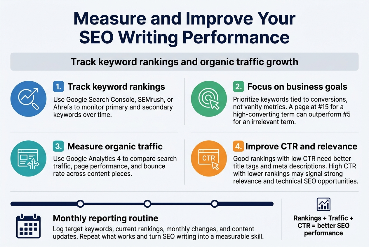 Create a full-bleed 3:2 infographic in a clean professional style with a white background, deep navy headings, teal and green accents, and subtle light-gray dividers. Use modern sans-serif fonts with strong visual hierarchy. Place a bold main title across the top center: "Measure and Improve Your SEO Writing Performance". Under the title, use a wide horizontal subtitle bar with the text: "Track keyword rankings and organic traffic growth".

Layout the infographic in four wide horizontal content blocks arranged in two columns across the middle, plus a bottom summary strip. Each block should have a colored number badge, a simple icon, a bold section heading, and short supporting text.

Top-left block:
Blue circular icon with a magnifying glass and upward chart line. Heading: "1. Track keyword rankings". Supporting text: "Use Google Search Console, SEMrush, or Ahrefs to monitor primary and secondary keywords over time."

Top-right block:
Green circular icon with a target and cursor. Heading: "2. Focus on business goals". Supporting text: "Prioritize keywords tied to conversions, not vanity metrics. A page at #15 for a high-converting term can outperform #5 for an irrelevant term."

Middle-left block:
Teal circular icon with a dashboard and traffic arrows. Heading: "3. Measure organic traffic". Supporting text: "Use Google Analytics 4 to compare search traffic, page performance, and bounce rate across content pieces."

Middle-right block:
Orange circular icon with a CTR cursor and link snippet. Heading: "4. Improve CTR and relevance". Supporting text: "Good rankings with low CTR need better title tags and meta descriptions. High CTR with lower rankings may signal strong relevance and technical SEO opportunities."

Bottom full-width strip:
A navy timeline-style row with a calendar icon and three small checkpoints. Heading: "Monthly reporting routine". Supporting text: "Log target keywords, current rankings, monthly changes, and content updates. Repeat what works and turn SEO writing into a measurable skill."

Add a small bottom-right callout box with a chart icon and the text: "Rankings + Traffic + CTR = better SEO performance". Use clean spacing, simple line icons, crisp labels, and balanced multi-column composition with no poster frame.