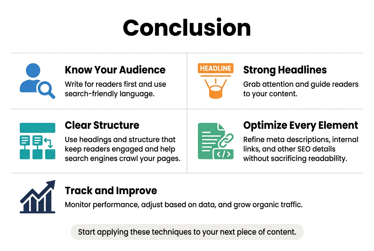 3:2 landscape infographic, full-bleed clean professional layout, modern flat design, white background with blue, teal, and orange accents, bold sans-serif typography. Large bold heading at the top: "Conclusion". Below the heading, arrange five wide horizontal sections in a two-column layout with clear visual spacing, not a vertical stack.

Section 1 on the left with a blue icon of a person and search cursor: "Know Your Audience" with body text: "Write for readers first and use search-friendly language."

Section 2 on the right with an orange icon of a strong headline and spotlight: "Strong Headlines" with body text: "Grab attention and guide readers to your content."

Section 3 on the left with a teal icon of organized content blocks and arrows: "Clear Structure" with body text: "Use headings and structure that keep readers engaged and help search engines crawl your pages."

Section 4 on the right with a green icon of a document, link, and meta tag symbols: "Optimize Every Element" with body text: "Refine meta descriptions, internal links, and other SEO details without sacrificing readability."

Section 5 spanning the bottom full width with a navy icon of a chart rising upward: "Track and Improve" with body text: "Monitor performance, adjust based on data, and grow organic traffic."

Add a subtle footer callout in a highlighted rounded rectangle: "Start applying these techniques to your next piece of content." Use clear section dividers, balanced whitespace, crisp icons, and strong visual hierarchy.