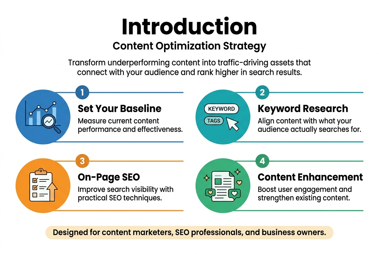 Create a clean, professional full-bleed infographic illustration in a 3:2 aspect ratio, wide horizontal layout, modern flat vector style, white background with blue, teal, and orange accents, bold sans-serif typography, strong visual hierarchy.
Top center: large bold heading text: "Introduction"
Directly below the heading, smaller subtitle text: "Content Optimization Strategy"
Under the subtitle, a short intro text block spanning the top width:
"Transform underperforming content into traffic-driving assets that connect with your audience and rank higher in search results."
Below, arrange four wide horizontal sections across the page in a clear 2x2 grid or evenly spaced multi-column layout, each with a numbered badge and matching icon:
Left top section: blue circle icon with a line chart and magnifying glass, numbered badge "1", title text: "Set Your Baseline", body text: "Measure current content performance and effectiveness."
Right top section: teal circle icon with a search cursor and keyword tags, numbered badge "2", title text: "Keyword Research", body text: "Align content with what your audience actually searches for."
Left bottom section: orange circle icon with a checklist and upward arrow, numbered badge "3", title text: "On-Page SEO", body text: "Improve search visibility with practical SEO techniques."
Right bottom section: green circle icon with a content document, sparkles, and engagement hearts, numbered badge "4", title text: "Content Enhancement", body text: "Boost user engagement and strengthen existing content."
Bottom center in a highlighted banner or footer strip, concise closing line text:
"Designed for content marketers, SEO professionals, and business owners."
Use clear spacing, subtle dividers, simple geometric shapes, and balanced wide composition; no vertical poster layout, no narrow centered stack, no extra text.