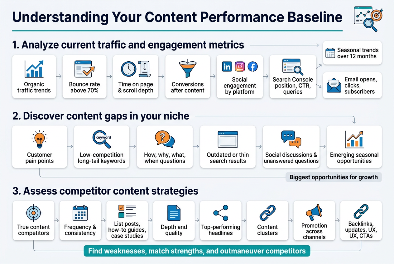 Create a full-bleed landscape infographic in a 3:2 aspect ratio with a clean modern corporate style, white background, deep navy headings, teal and blue accents, and orange highlight elements. Use bold sans-serif typography, clear visual hierarchy, and wide horizontal sections with no vertical poster frame.
Top band: large bold title centered across the full width: "Understanding Your Content Performance Baseline". Add a thin teal line and small analytics icon set near the title: a line chart, magnifying glass, and target.
Main layout: three wide horizontal sections stacked from top to bottom, each split into 3-4 columns with icon cards and short labels.
Section 1 on the upper half, heading left-aligned: "1. Analyze current traffic and engagement metrics"
Include 6 metric cards with simple icons and short text:
- Blue upward line chart icon with text: "Organic traffic trends"
- Page icon with bounce arrow icon and text: "Bounce rate above 70%"
- Clock icon and scroll icon with text: "Time on page & scroll depth"
- Conversion funnel icon with text: "Conversions after content"
- Social icons row with LinkedIn, Instagram, and Facebook symbols and text: "Social engagement by platform"
- Search results icon with magnifying glass and text: "Search Console position, CTR, queries"
Add a small calendar icon and text: "Seasonal trends over 12 months"
Add an email envelope icon and text: "Email opens, clicks, subscribers"
Section 2 in the middle, heading left-aligned: "2. Discover content gaps in your niche"
Use 6 cards arranged in two rows, each with a distinct icon:
- Lightbulb icon with text: "Customer pain points"
- Keyword magnifier icon with text: "Low-competition long-tail keywords"
- Question mark speech bubble icon with text: "How, why, what, when questions"
- Empty content page icon with text: "Outdated or thin search results"
- Community chat icons with text: "Social discussions & unanswered questions"
- Trend graph icon with text: "Emerging seasonal opportunities"
Add a small note strip with bold text: "Biggest opportunities for growth"
Section 3 along the bottom, heading left-aligned: "3. Assess competitor content strategies"
Use 8 compact cards in a wide grid with icons:
- Target radar icon with text: "True content competitors"
- Publishing calendar icon with text: "Frequency & consistency"
- Content format icons with text: "List posts, how-to guides, case studies"
- Document depth icon with text: "Depth and quality"
- Share icon with text: "Top-performing headlines"
- Internal link chain icon with text: "Content clusters"
- Megaphone icon with text: "Promotion across channels"
- Backlink chain icon with text: "Backlinks, updates, UX, CTAs"
Add a final highlighted bar at the bottom center in teal with white text: "Find weaknesses, match strengths, and outmaneuver competitors"
Use subtle arrows and connecting lines between cards, polished flat vector illustrations, consistent spacing, and a balanced wide horizontal composition. No borders around the overall image.