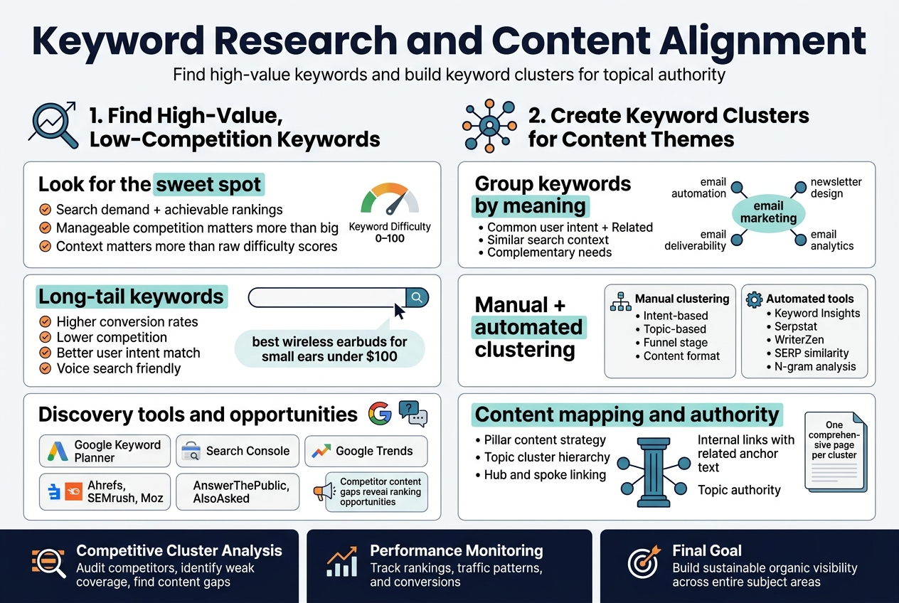 Create a full-bleed 3:2 landscape infographic with a clean professional SEO/marketing style, white background, navy and teal color palette, orange accent highlights, modern sans-serif typography, bold clear title at the top.
TOP HEADER:
Large bold heading centered across the top: "Keyword Research and Content Alignment"
Small subtitle beneath: "Find high-value keywords and build keyword clusters for topical authority"
MAIN LAYOUT:
Use a wide two-column layout with 3 stacked sections on the left and 3 stacked sections on the right, plus a bottom-wide summary band. Add simple flat vector icons beside each section title.
LEFT COLUMN TITLE:
"1. Find High-Value, Low-Competition Keywords"
Use a magnifying glass and upward graph icon.
Left section 1 block:
Title: "Look for the sweet spot"
Bullet points with small check icons:
- "Search demand + achievable rankings"
- "Manageable competition matters more than big volume"
- "Context matters more than raw difficulty scores"
Include a small gauge graphic labeled "Keyword Difficulty 0–100"
Left section 2 block:
Title: "Long-tail keywords"
Use a long search bar icon with a tailing phrase.
Bullet points:
- "Higher conversion rates"
- "Lower competition"
- "Better user intent match"
- "Voice search friendly"
Example keyword in a highlighted pill: "best wireless earbuds for small ears under $100"
Left section 3 block:
Title: "Discovery tools and opportunities"
Use icons for Google, chart, question mark, and chat bubbles.
Arrange four small tool cards:
- "Google Keyword Planner"
- "Search Console"
- "Google Trends"
- "Ahrefs, SEMrush, Moz"
- "AnswerThePublic, AlsoAsked"
- "Reddit, Quora, forums"
Add a small callout box: "Competitor content gaps reveal ranking opportunities"
RIGHT COLUMN TITLE:
"2. Create Keyword Clusters for Content Themes"
Use a cluster/network icon with linked nodes.
Right section 1 block:
Title: "Group keywords by meaning"
Show a node-and-connection diagram with labels:
- "Common user intent"
- "Related concepts"
- "Similar search context"
- "Complementary needs"
Example cluster label in the center: "email marketing"
Surrounding nodes: "email automation", "newsletter design", "email deliverability", "email analytics"
Right section 2 block:
Title: "Manual + automated clustering"
Use two side-by-side mini panels with icons.
Left mini panel text:
"Manual clustering"
- "Intent-based"
- "Topic-based"
- "Funnel stage"
- "Content format"
Right mini panel text:
"Automated tools"
- "Keyword Insights"
- "Serpstat"
- "WriterZen"
- "SERP similarity"
- "N-gram analysis"
Right section 3 block:
Title: "Content mapping and authority"
Use a pillar-and-spoke diagram.
Text labels:
- "Pillar content strategy"
- "Topic cluster hierarchy"
- "Hub and spoke linking"
- "Internal links with related anchor text"
- "Topic authority"
Include a small page card labeled "One comprehensive page per cluster"
BOTTOM WIDE SUMMARY BAND:
Split into 3 equal boxes across the bottom with bold icons:
Box 1 title: "Competitive Cluster Analysis"
Text: "Audit competitors, identify weak coverage, find content gaps"
Box 2 title: "Performance Monitoring"
Text: "Track rankings, traffic patterns, and conversions"
Box 3 title: "Final Goal"
Text: "Build sustainable organic visibility across entire subject areas"
VISUAL STYLE:
Use crisp flat illustrations, thin line icons, subtle shadows, clear spacing, strong hierarchy, no clutter, no photo realism. Emphasize key words with teal highlight bars and orange accent badges. Keep text legible and balanced across the wide layout.