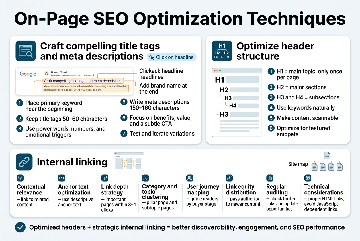 Create a full-bleed professional infographic in a 3:2 aspect ratio with a clean modern SEO/marketing style, white background, deep blue and teal accents, subtle orange highlights, and crisp sans-serif typography. Place a bold top header across the full width: "On-Page SEO Optimization Techniques". Under the title, use three wide horizontal content panels or two-column sections, not a narrow vertical stack.
Section 1 on the upper left: a large card titled "Craft compelling title tags and meta descriptions" with a search result icon, a magnifying glass, and a clickable headline icon. Include a visual mockup of a Google-style search result snippet with highlighted title and description. Add short numbered points with small icons:
1. "Place primary keyword near the beginning"
2. "Keep title tags 50–60 characters"
3. "Use power words, numbers, and emotional triggers"
4. "Add brand name at the end"
5. "Write meta descriptions 150–160 characters"
6. "Focus on benefits, value, and a subtle CTA"
7. "Test and iterate variations"
Section 2 on the upper right: a large card titled "Optimize header structure" with a hierarchy icon showing H1, H2, H3, H4 stacked in descending order. Show a simple page outline graphic with nested headings. Include short bullets:
1. "H1 = main topic, only once per page"
2. "H2 = major sections"
3. "H3 and H4 = subsections"
4. "Use keywords naturally"
5. "Make content scannable"
6. "Optimize for featured snippets"
Section 3 across the bottom full width: a wide card titled "Internal linking" with a chain-link icon and a small site map graphic connecting multiple pages. Include four compact columns or labeled blocks with icons:
"Contextual relevance" — link to related content
"Anchor text optimization" — use descriptive anchor text
"Link depth strategy" — important pages within 3–4 clicks
"Category and topic clustering" — pillar page and subtopic pages
"User journey mapping" — guide readers by buyer stage
"Link equity distribution" — pass authority to newer content
"Regular auditing" — check broken links and update opportunities
"Technical considerations" — proper HTML links, avoid JavaScript-dependent links
Add a bottom summary strip with a checkmark icon and the text: "Optimized headers + strategic internal linking = better discoverability, engagement, and SEO performance". Use clear visual hierarchy, bold section headers, small icons beside each key point, and neatly aligned text blocks with ample spacing.