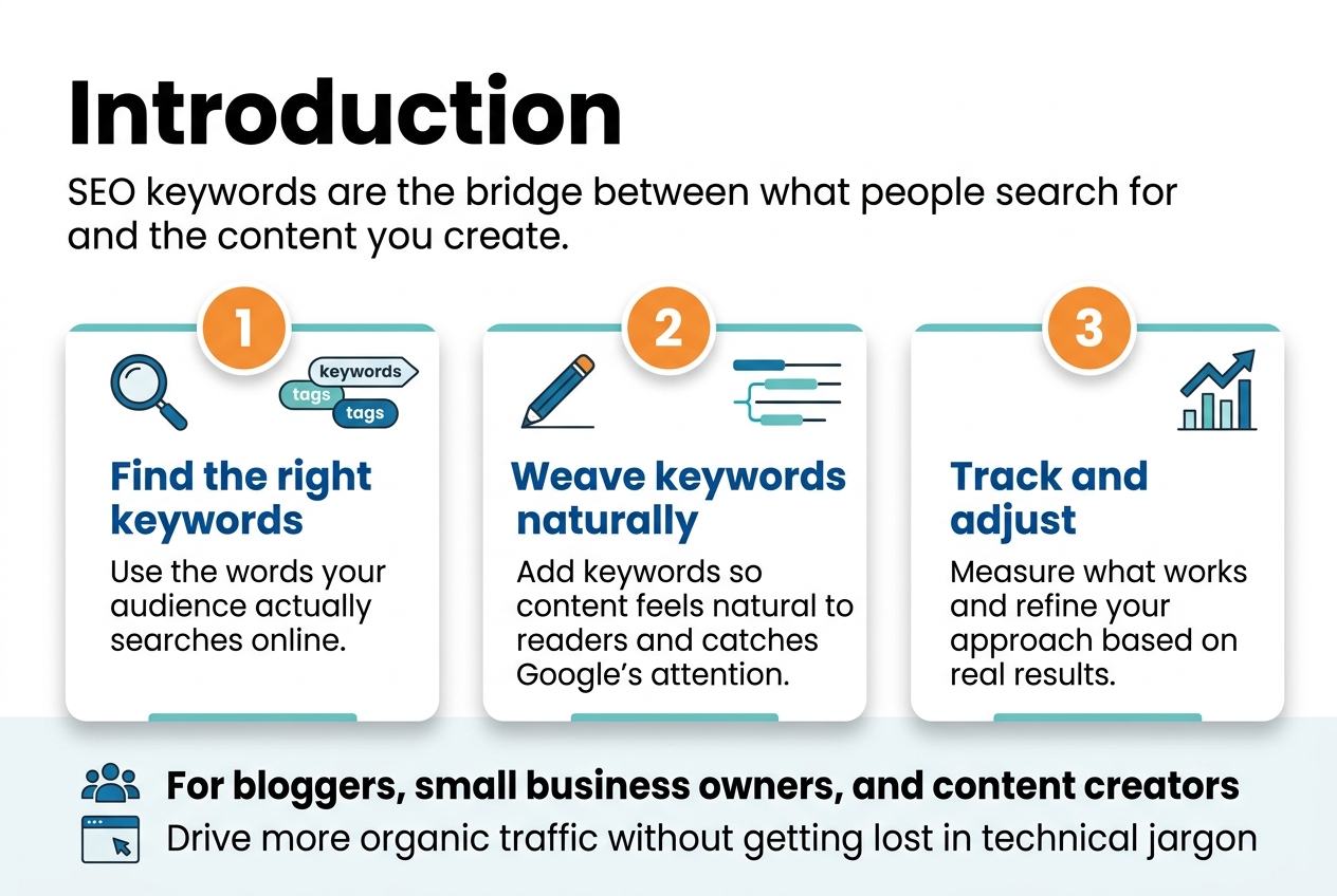 3:2 aspect ratio, full-bleed clean professional infographic layout, modern flat vector style, white background with blue, teal, and orange accents, bold sans-serif fonts, clear visual hierarchy, wide horizontal sections instead of a vertical stack.

Top left: large bold heading text “Introduction”.
Directly below heading, smaller subtitle text: “SEO keywords are the bridge between what people search for and the content you create.”

Across the middle, three wide numbered content blocks arranged left to right in a single row, each with a distinct icon and short text:

1. Left block with a magnifying glass icon and keyword tags:
Text: “Find the right keywords”
Smaller text: “Use the words your audience actually searches online.”

2. Center block with a writing pencil icon and connected text lines:
Text: “Weave keywords naturally”
Smaller text: “Add keywords so content feels natural to readers and catches Google’s attention.”

3. Right block with a chart and upward arrow icon:
Text: “Track and adjust”
Smaller text: “Measure what works and refine your approach based on real results.”

Bottom band across the full width with a small audience icon group and website icon:
Text: “For bloggers, small business owners, and content creators”
Text: “Drive more organic traffic without getting lost in technical jargon”

Use clean spacing, thin divider lines between the three blocks, soft shadowed cards, simple icon markers beside each numbered section, strong blue headings, dark gray body text, subtle teal highlights, and orange number circles for 1, 2, and 3.