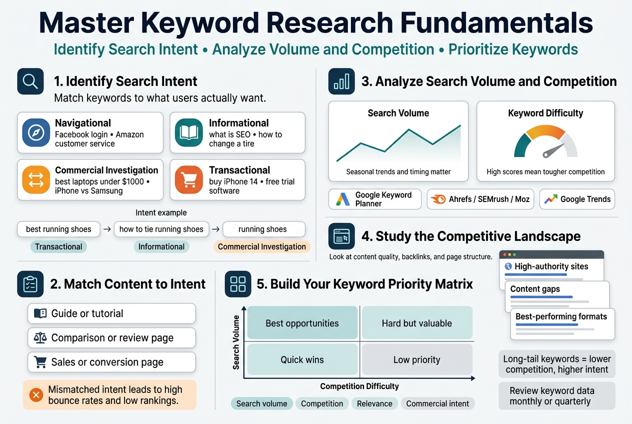 Create a clean, professional full-bleed infographic in 3:2 aspect ratio with a modern SEO/marketing style, white background, navy and teal accents, orange highlights, subtle gray dividers, and crisp sans-serif typography. Use a wide horizontal layout with multiple sections and strong visual hierarchy, not a narrow poster.

Top header across full width: bold title in large dark navy text, exact text: "Master Keyword Research Fundamentals". Under it, a smaller subtitle in teal: "Identify Search Intent • Analyze Volume and Competition • Prioritize Keywords".

Main body arranged in two wide columns with clear section blocks and icons.

LEFT COLUMN:
Section 1 at top-left with a magnifying glass icon and bold heading: "1. Identify Search Intent". Under it, a short sentence in smaller text: "Match keywords to what users actually want." Show four horizontal intent cards with distinct colored icons:
- "Navigational" with a compass icon and example text: "Facebook login • Amazon customer service"
- "Informational" with an open book icon and example text: "what is SEO • how to change a tire"
- "Commercial Investigation" with a comparison arrows icon and example text: "best laptops under $1000 • iPhone vs Samsung"
- "Transactional" with a shopping cart icon and example text: "buy iPhone 14 • free trial software"
Add a small flow strip below with three labeled search examples and intent labels:
"best running shoes" → "Transactional"
"how to tie running shoes" → "Informational"
"running shoes" → "Commercial Investigation"

Section 2 below it with a checklist icon and bold heading: "2. Match Content to Intent". Include three stacked callout boxes with icons:
- "Guide or tutorial"
- "Comparison or review page"
- "Sales or conversion page"
Add a warning callout in orange with an X icon and exact text: "Mismatched intent leads to high bounce rates and low rankings."

RIGHT COLUMN:
Section 3 at top-right with a bar chart icon and bold heading: "3. Analyze Search Volume and Competition". Show a clean mini dashboard with two side-by-side charts:
- Left chart: upward/downward line chart labeled "Search Volume" with small note: "Seasonal trends and timing matter"
- Right chart: difficulty gauge labeled "Keyword Difficulty" with note: "High scores mean tougher competition"
Below charts, add three small tool badges with logos-style simple icons and labels:
"Google Keyword Planner"
"Ahrefs / SEMrush / Moz"
"Google Trends"

Section 4 below with a layered website icon and bold heading: "4. Study the Competitive Landscape". Show three stacked SERP-style result cards with tiny title bars and labels:
- "High-authority sites"
- "Content gaps"
- "Best-performing formats"
Include a small note line: "Look at content quality, backlinks, and page structure."

BOTTOM FULL-WIDTH SECTION:
A wide band across the bottom with a grid icon and bold heading: "5. Build Your Keyword Priority Matrix". Show a 2x2 quadrant chart with axis labels:
Horizontal axis: "Competition Difficulty"
Vertical axis: "Search Volume"
Label the quadrants:
Top-left: "Best opportunities"
Top-right: "Hard but valuable"
Bottom-left: "Quick wins"
Bottom-right: "Low priority"
Add a small scoring strip beneath with four labeled chips:
"Search volume"
"Competition"
"Relevance"
"Commercial intent"

Include two small supporting callout boxes at bottom-right:
- "Long-tail keywords = lower competition, higher intent"
- "Review keyword data monthly or quarterly"

Use clean vector-style icons, soft shadows, consistent spacing, and balanced whitespace. Make headings bold and dark navy, section labels teal, highlights orange, and body text charcoal gray. Keep all text sharp and readable, aligned in neat blocks, with a polished editorial infographic look.