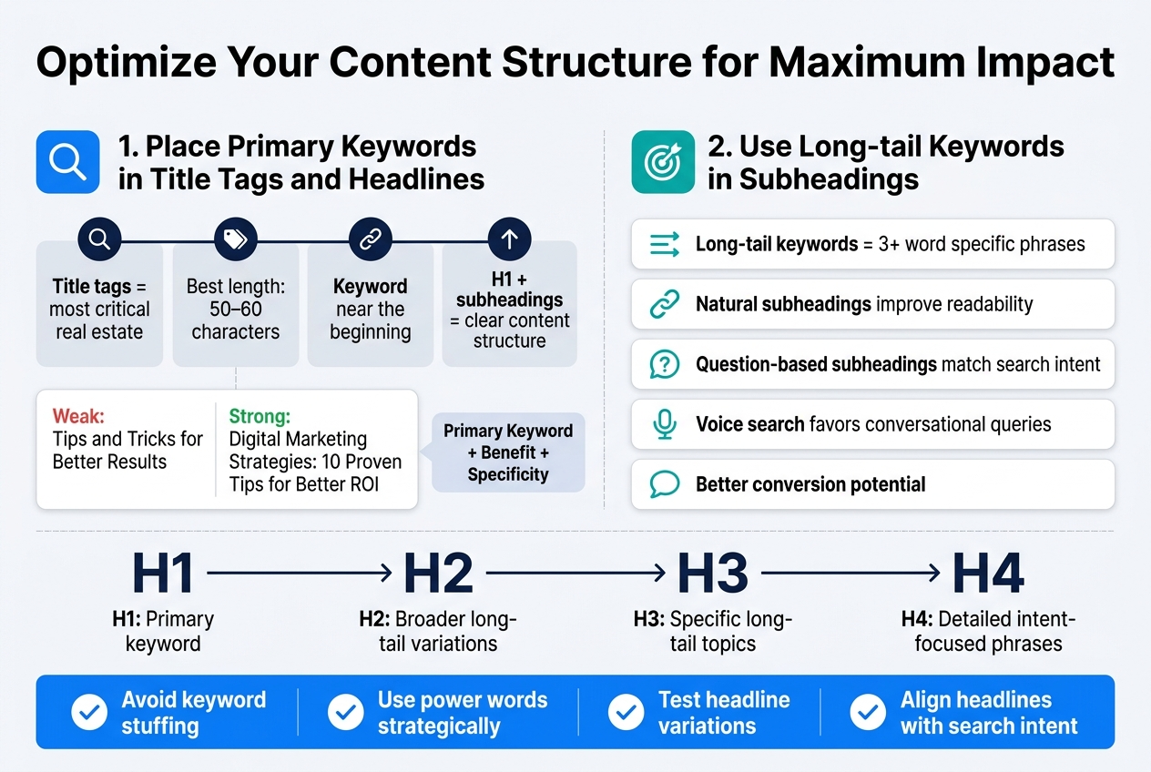 Create a clean, professional full-bleed infographic in a 3:2 landscape aspect ratio with a modern SEO/content marketing style. Use a white background with blue, teal, and dark navy accents, subtle light-gray divider lines, and bold sans-serif typography. Place a large bold title across the top: "Optimize Your Content Structure for Maximum Impact". Use a wide multi-column layout, not a vertical poster.

Left half: a numbered section titled "1. Place Primary Keywords in Title Tags and Headlines" with a blue search icon. Show a horizontal flow with 4 compact blocks:
- "Title tags = most critical real estate"
- "Best length: 50–60 characters"
- "Keyword near the beginning"
- "H1 + subheadings = clear content structure"

Include a small comparison box beneath with two labeled examples:
"Weak: Tips and Tricks for Better Results"
"Strong: Digital Marketing Strategies: 10 Proven Tips for Better ROI"

Add a small formula badge: "Primary Keyword + Benefit + Specificity"

Right half: a numbered section titled "2. Use Long-tail Keywords in Subheadings" with a teal target icon. Show 5 stacked horizontal cards with simple icons:
- "Long-tail keywords = 3+ word specific phrases"
- "Natural subheadings improve readability"
- "Question-based subheadings match search intent"
- "Voice search favors conversational queries"
- "Better conversion potential"

Across the lower middle, place a wide visual hierarchy diagram with connected labels:
"H1" → "H2" → "H3" → "H4"
and beneath each level, short labels:
"H1: Primary keyword"
"H2: Broader long-tail variations"
"H3: Specific long-tail topics"
"H4: Detailed intent-focused phrases"

Bottom strip: a bright blue checklist bar with 4 concise best-practice callouts separated by icons:
- "Avoid keyword stuffing"
- "Use power words strategically"
- "Test headline variations"
- "Align headlines with search intent"

Add small visual symbols throughout: magnifying glass, headline tag, chain link, checklist, speech bubble, and upward arrow. Keep all text crisp, readable, and exactly as written. Use strong visual hierarchy, balanced spacing, and a polished editorial infographic style.